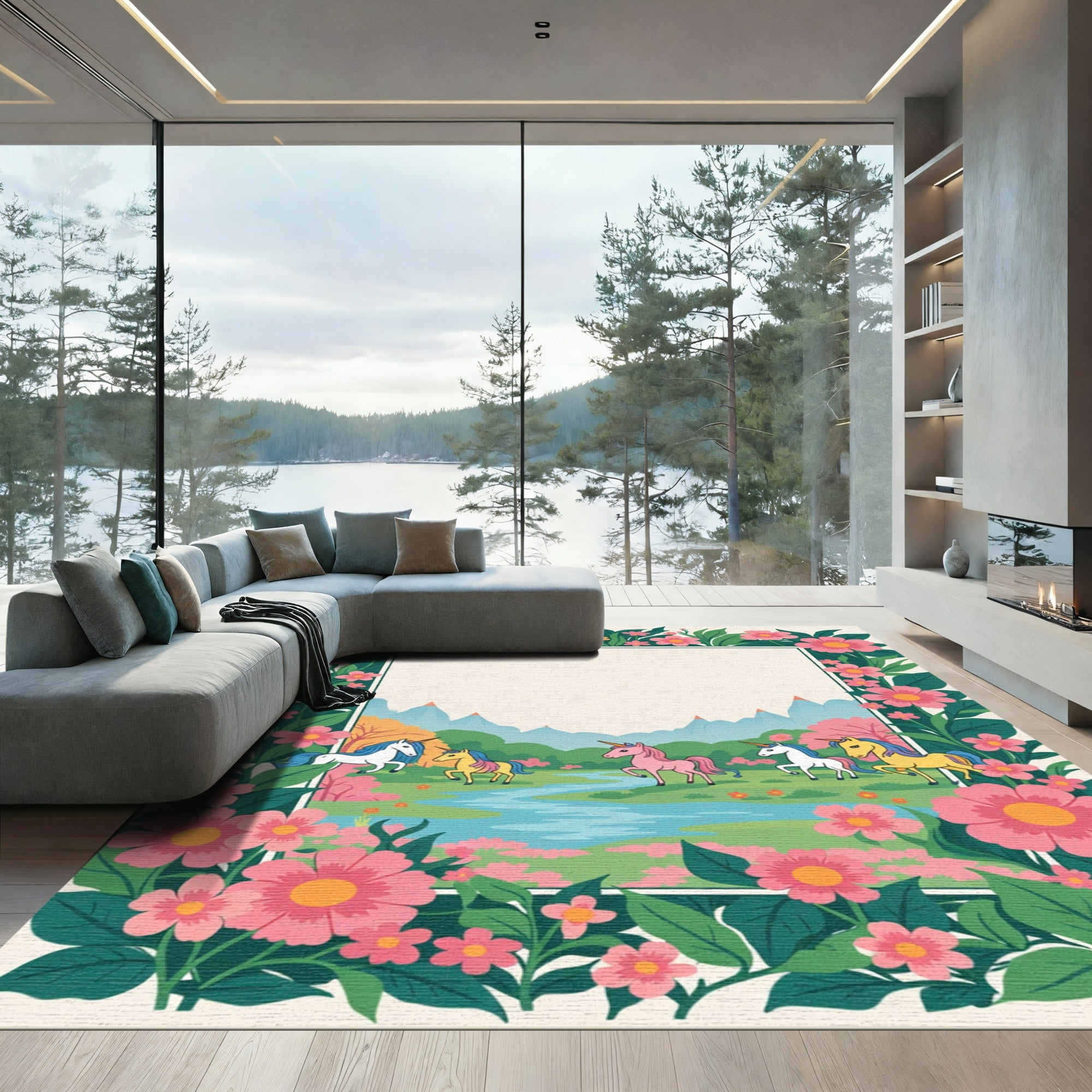 Whimsical Unicorn Meadow Floral Border Rug