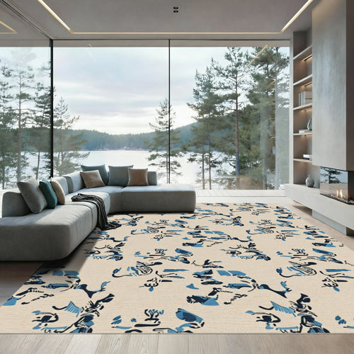 Abstract Blue and Beige Brushstroke Forms Rug