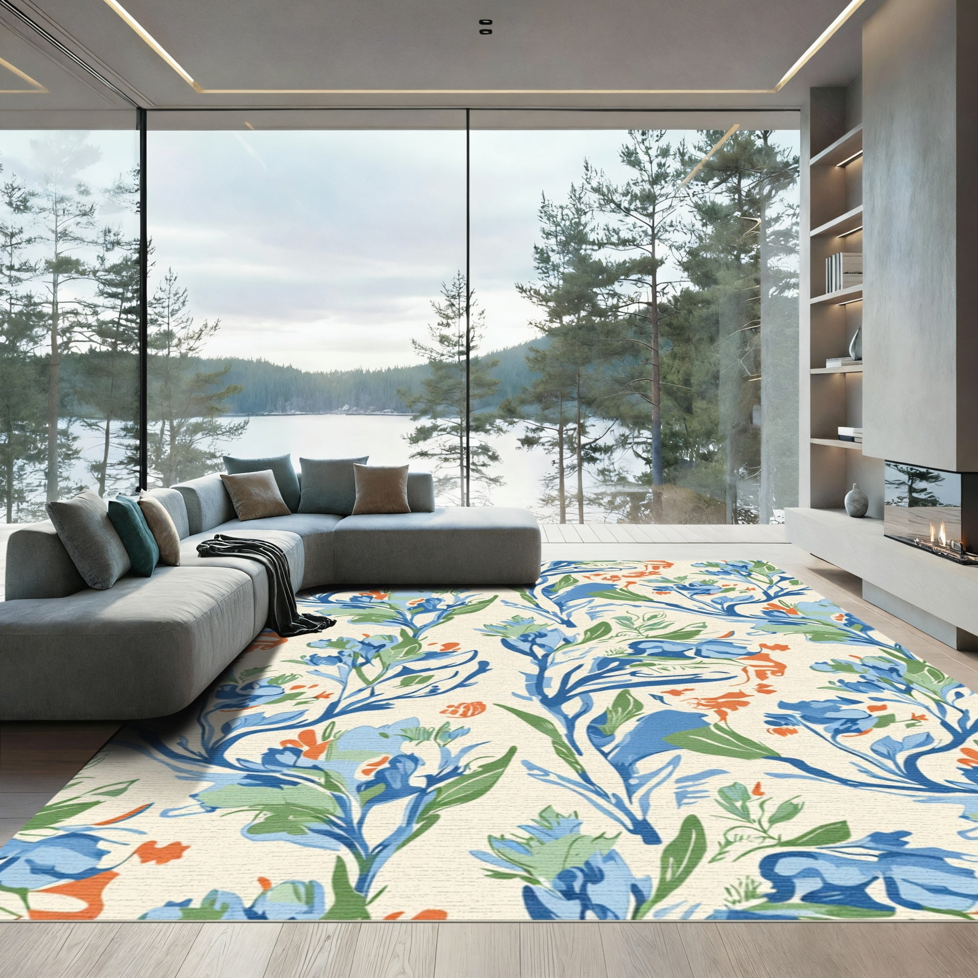 Blues greens and orange floral stems Rug