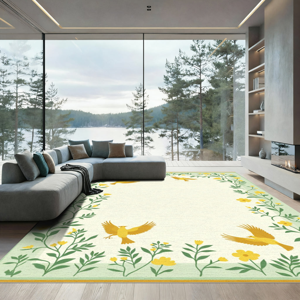 Golden Birds Floral Border Rug