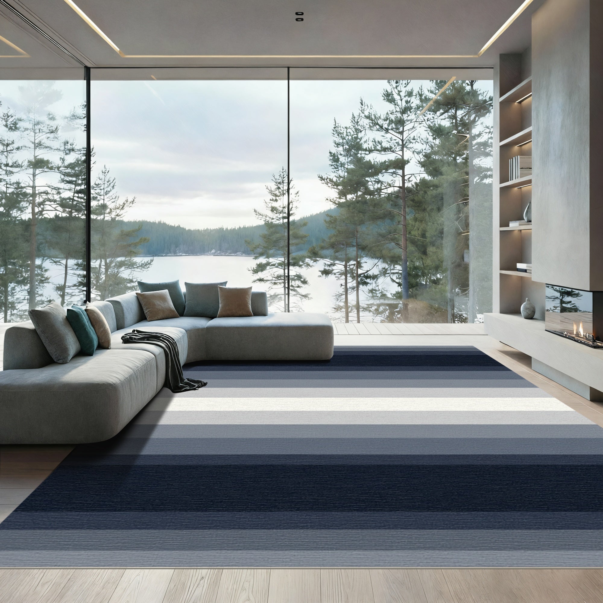 Modern Navy Gray Gradient Stripes Rug