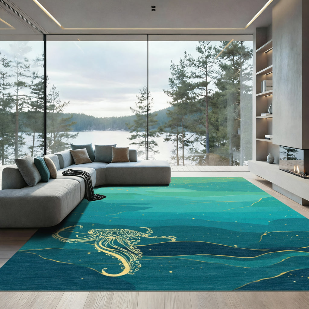 Oceanic Teal Gold Octopus Waves Rug