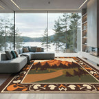 Orange Mountain Forest Landscape Border Rug