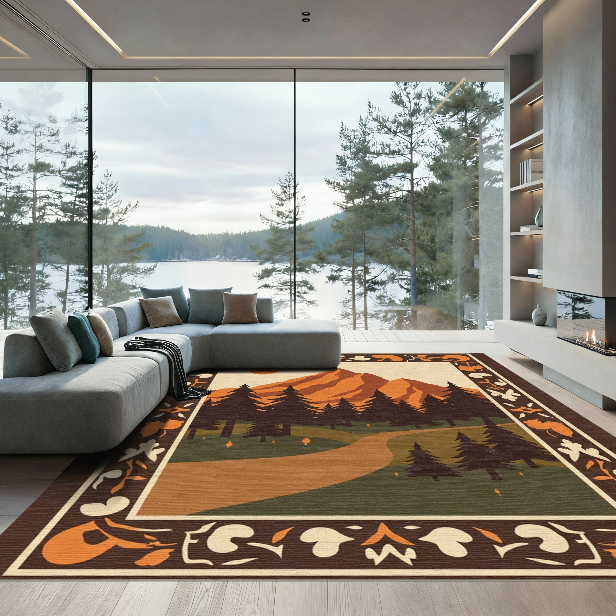 Orange Mountain Forest Landscape Border Rug
