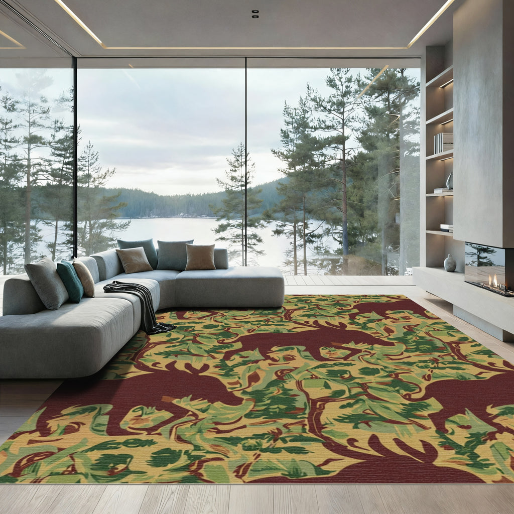 Burgundy Moose Camouflage Forest Repeat Rug