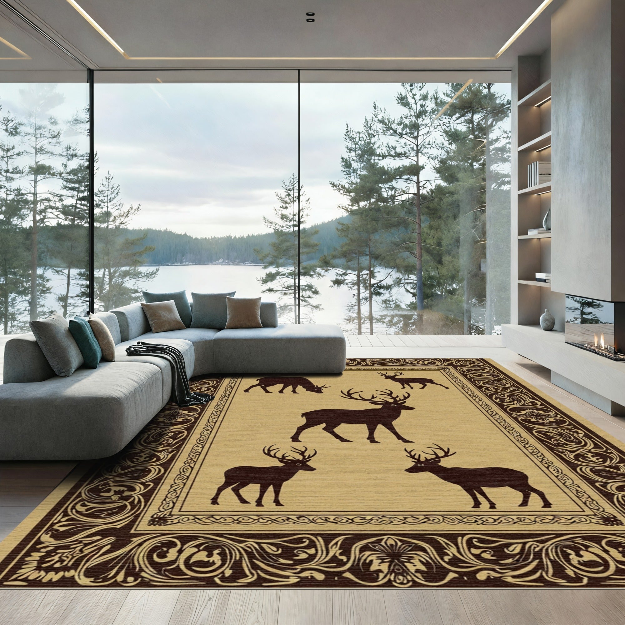 Rich Brown Majestic Deer Forest Border Rug