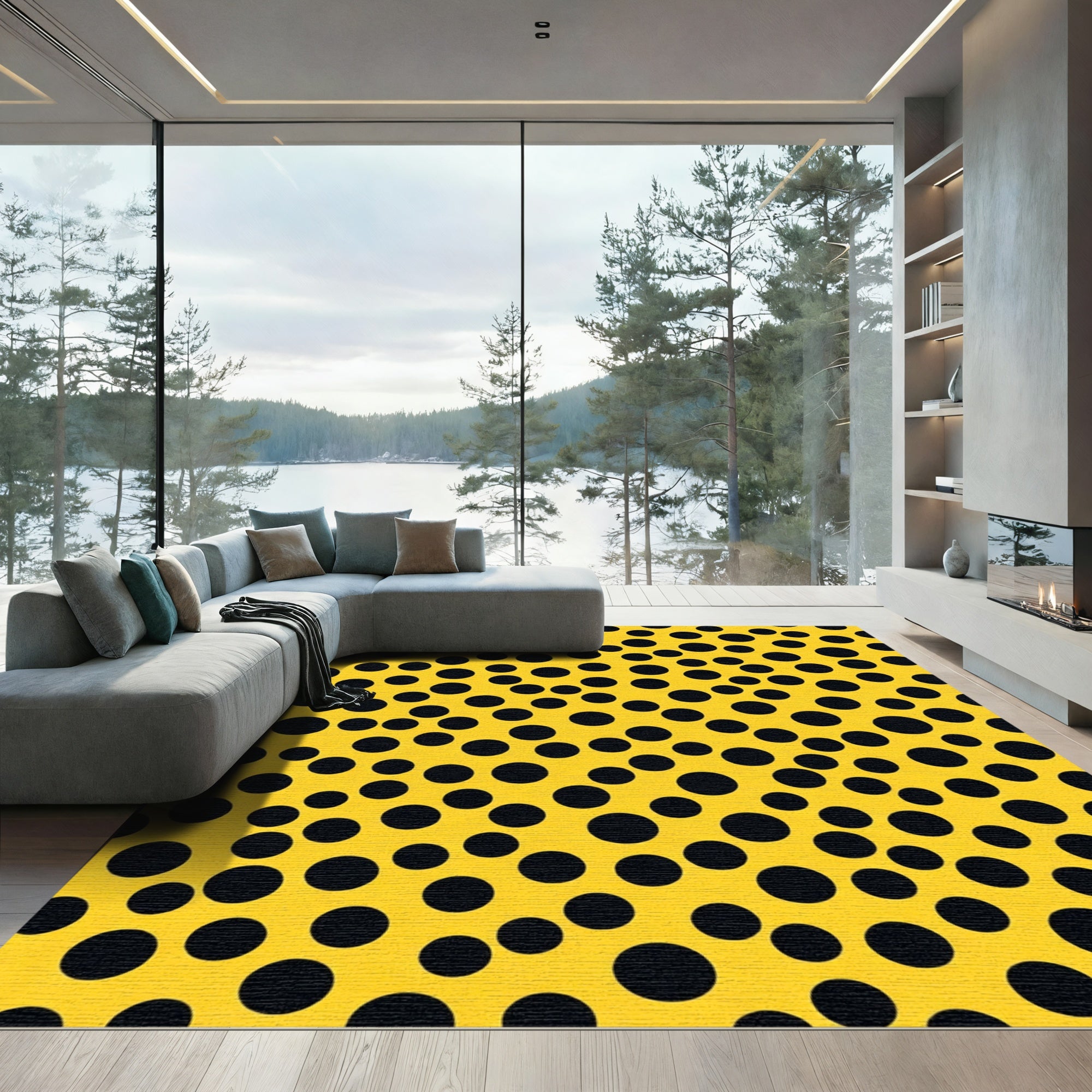 Bright Yellow Black Scattered Circles Rug