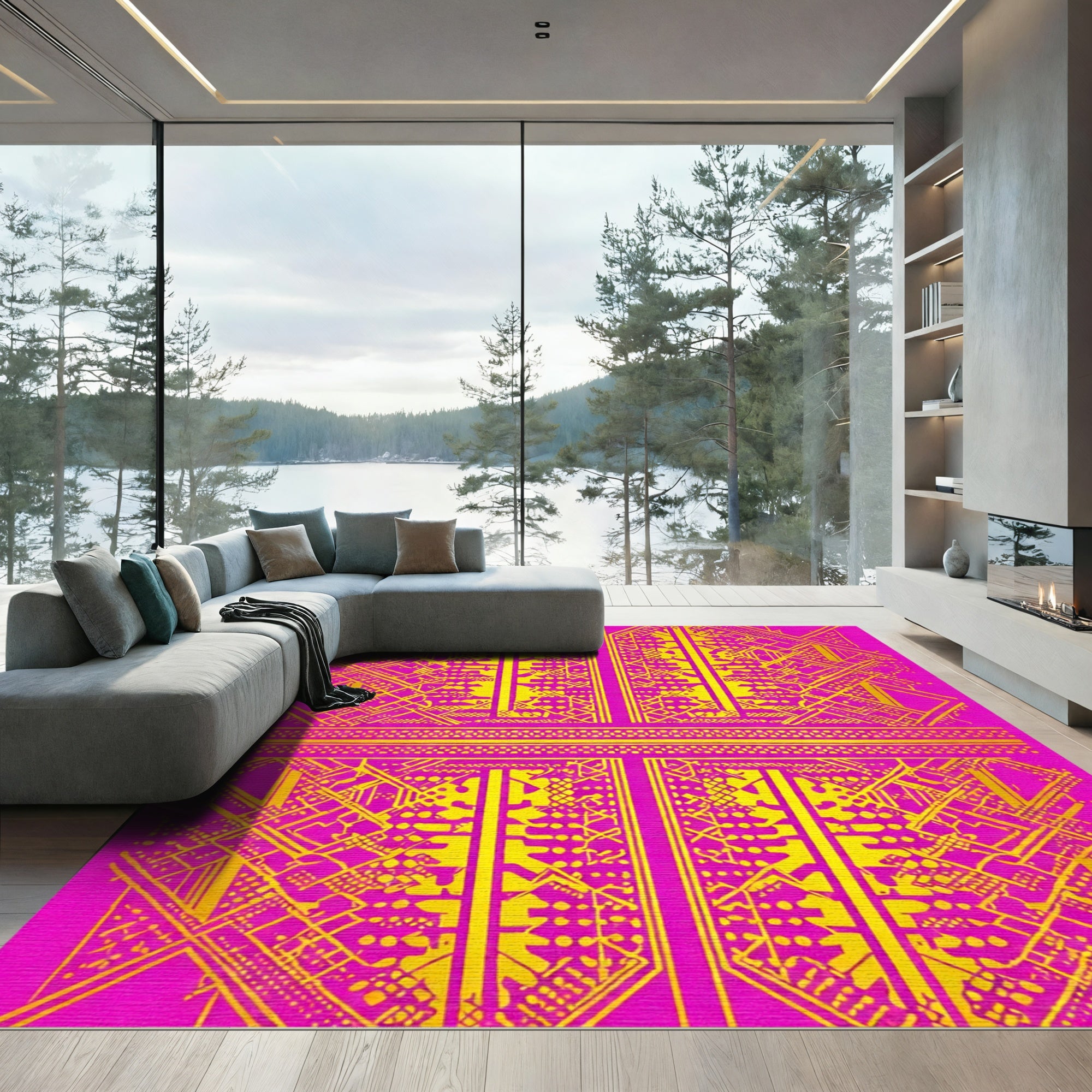 Vibrant Pink Gold Geometric Maze Rug