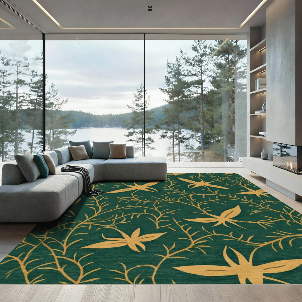 Deep Teal Golden Vine Botanical Rug