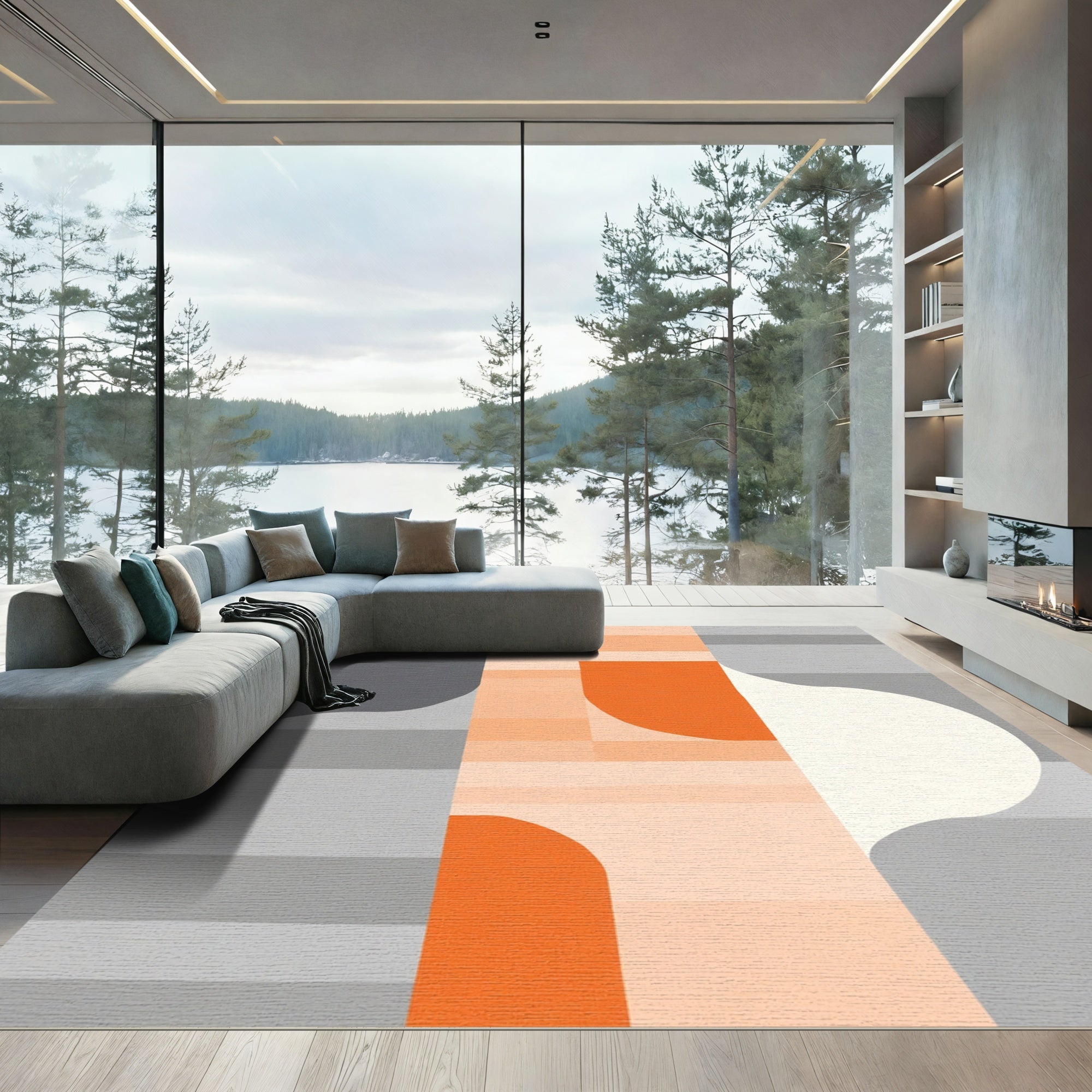 Modern Orange Gray Abstract Blocks Rug