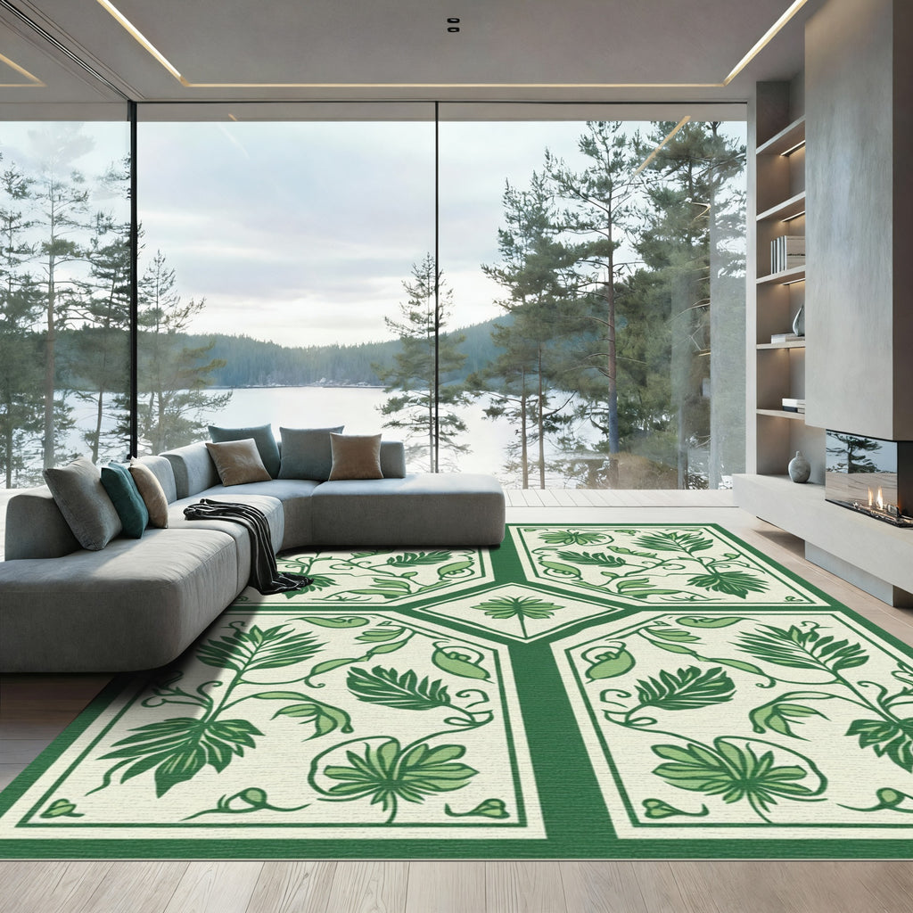 Green Floral Botanical Vine Medallion Rug