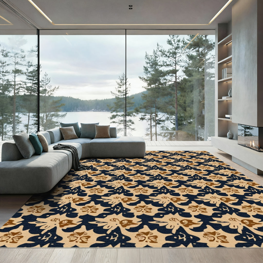 Brown Floral Beige Dark Blue Repeating Rug