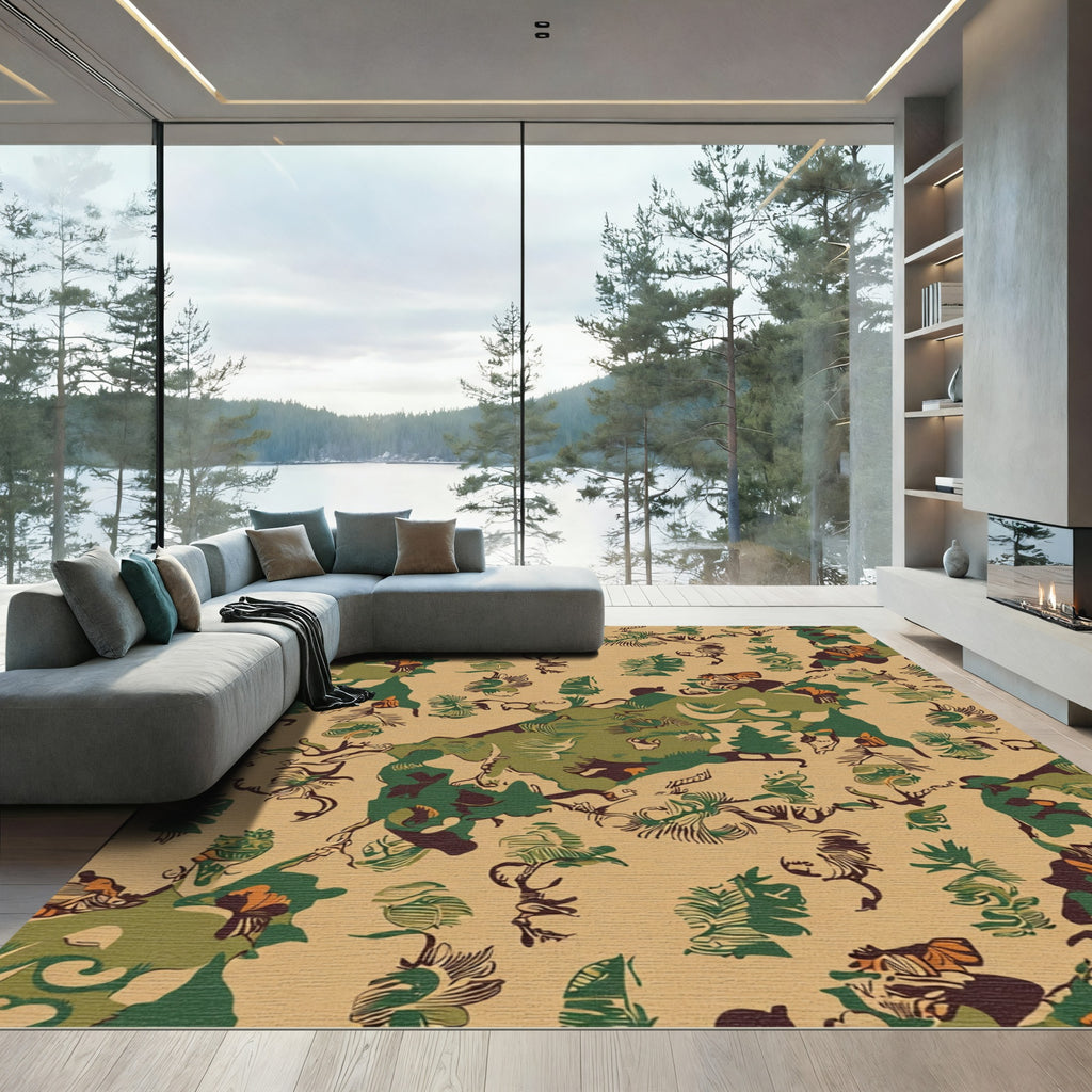 Earthy Green Camouflage Woodland Scene Rug