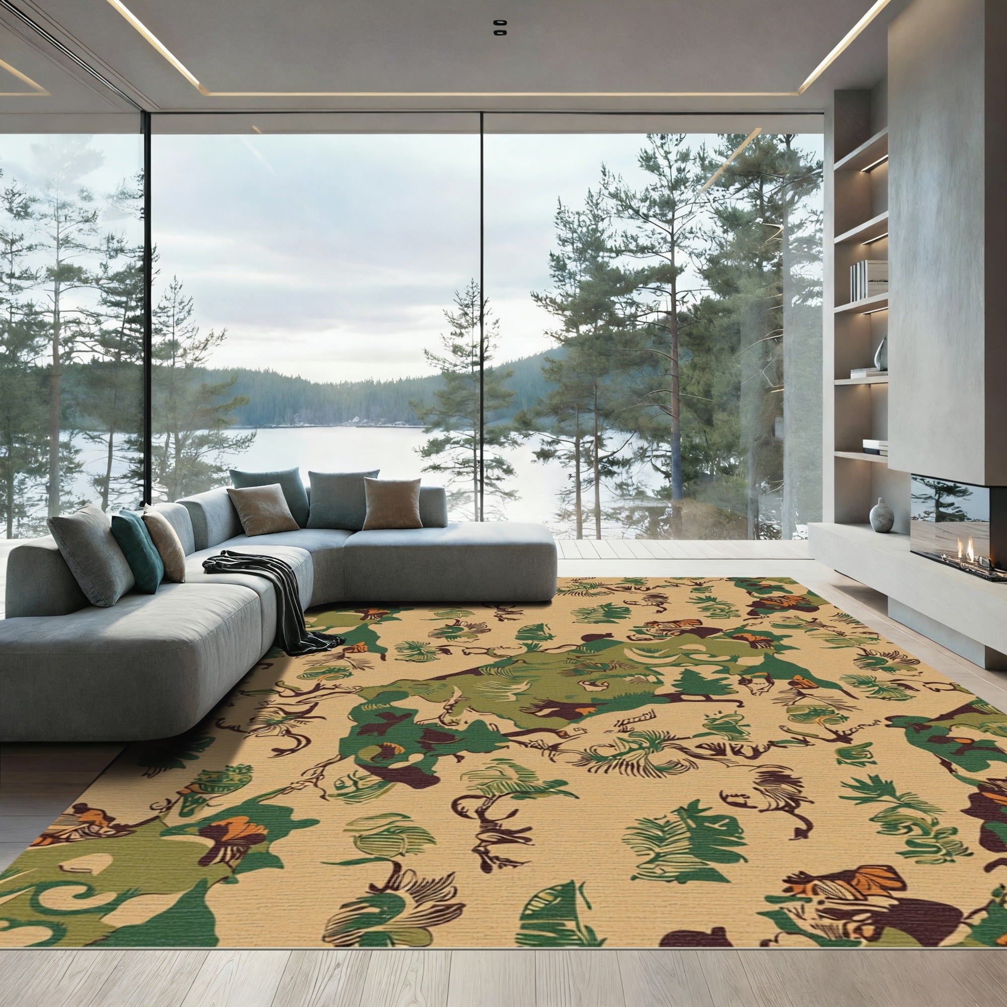 Earthy Green Camouflage Woodland Scene Rug