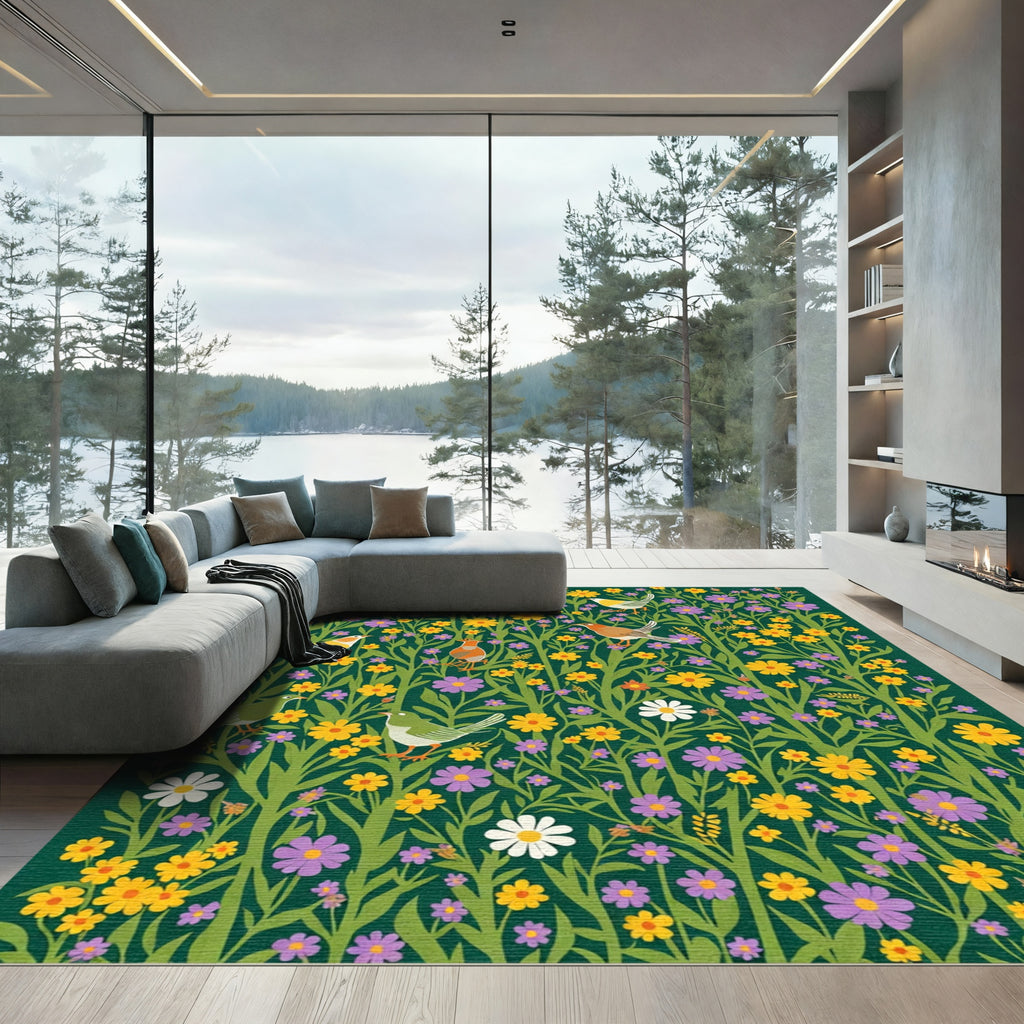 Whimsical Birds and Wildflowers Garden Rug