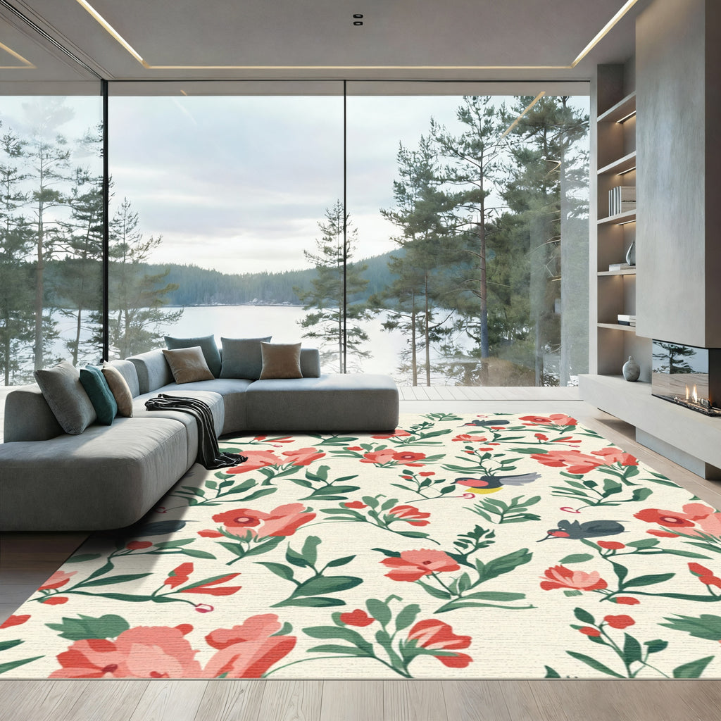Coral Floral and Bird Garden Rug