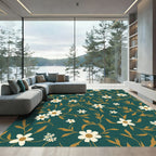 Teal Floral Vines White Blossom Rug