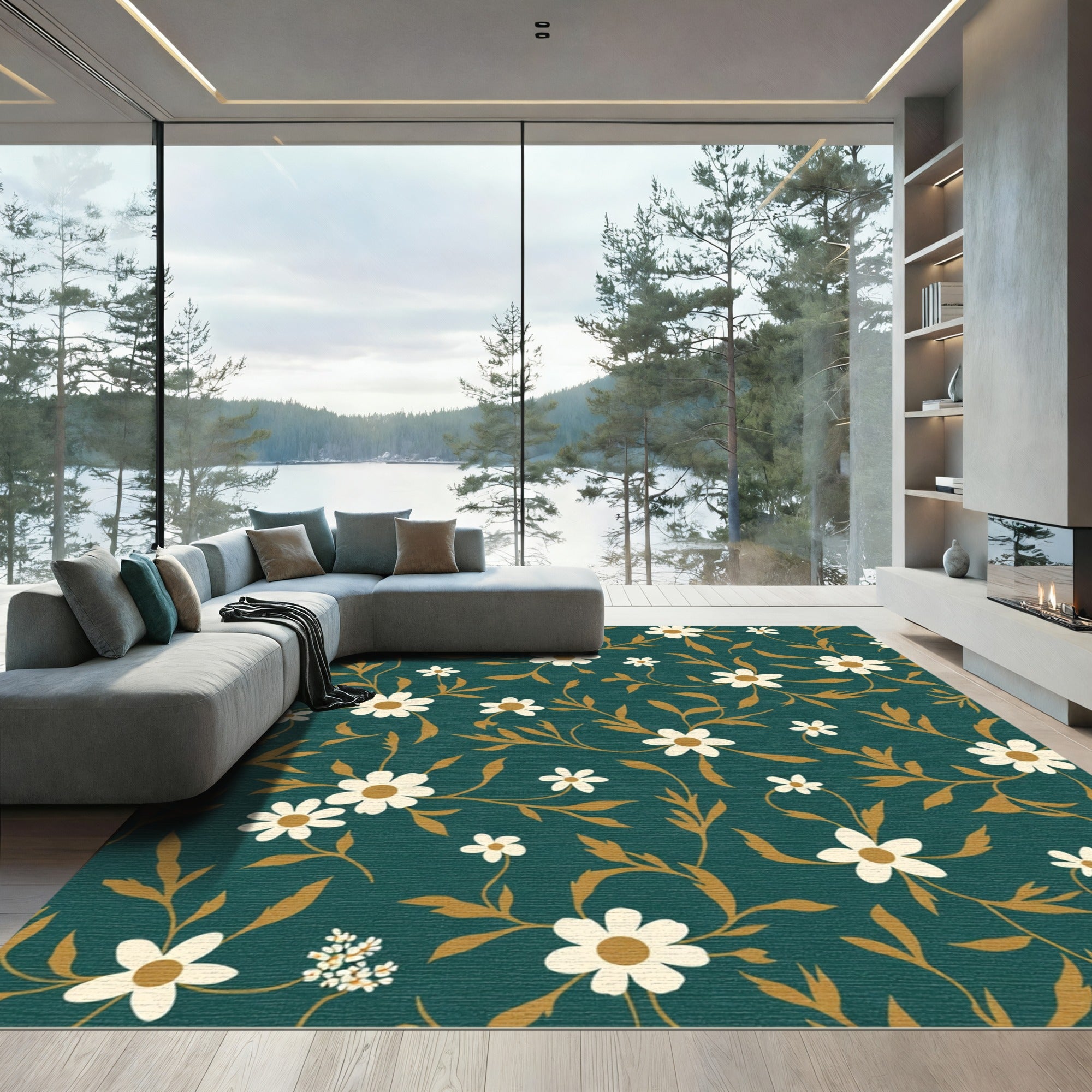Teal Floral Vines White Blossom Rug