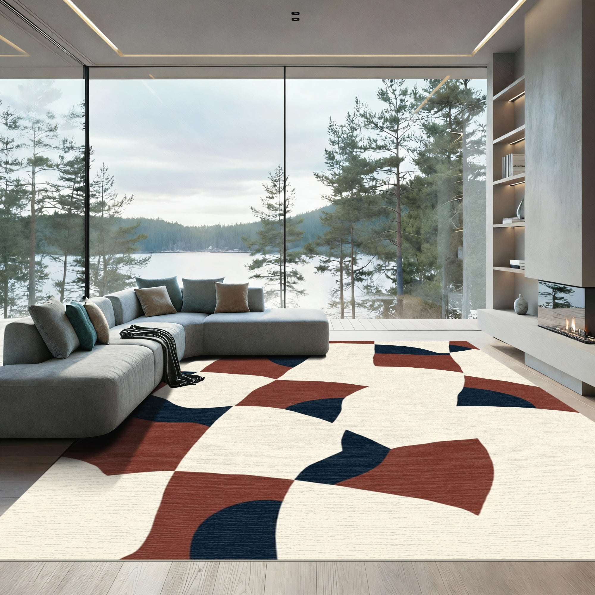 Abstract Terracotta Navy Geometric Waves Rug