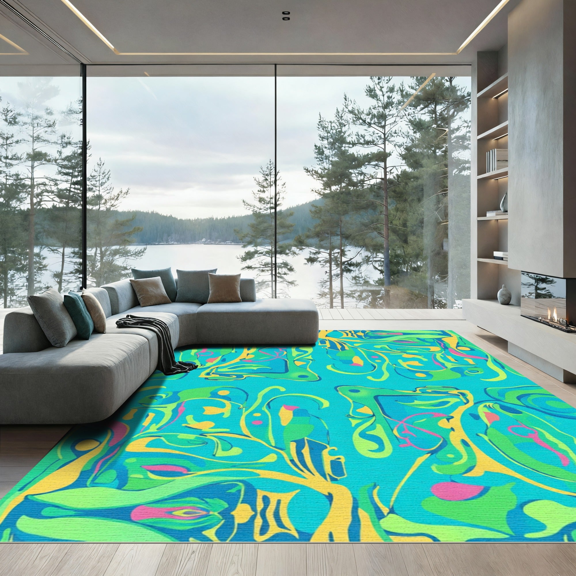 Vibrant Aqua Green Abstract Swirls Rug