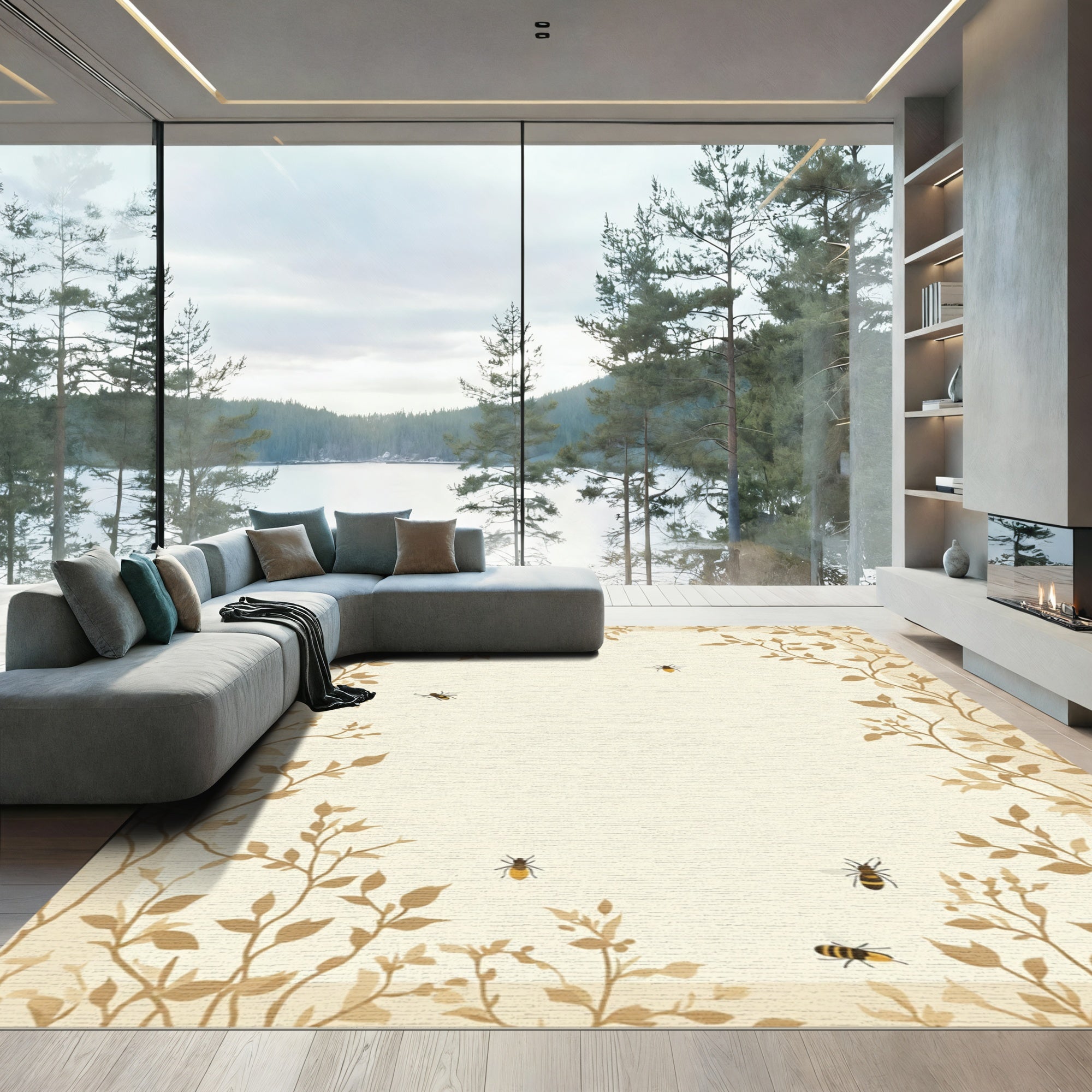 Earthy Brown Botanical Bee Garland Rug
