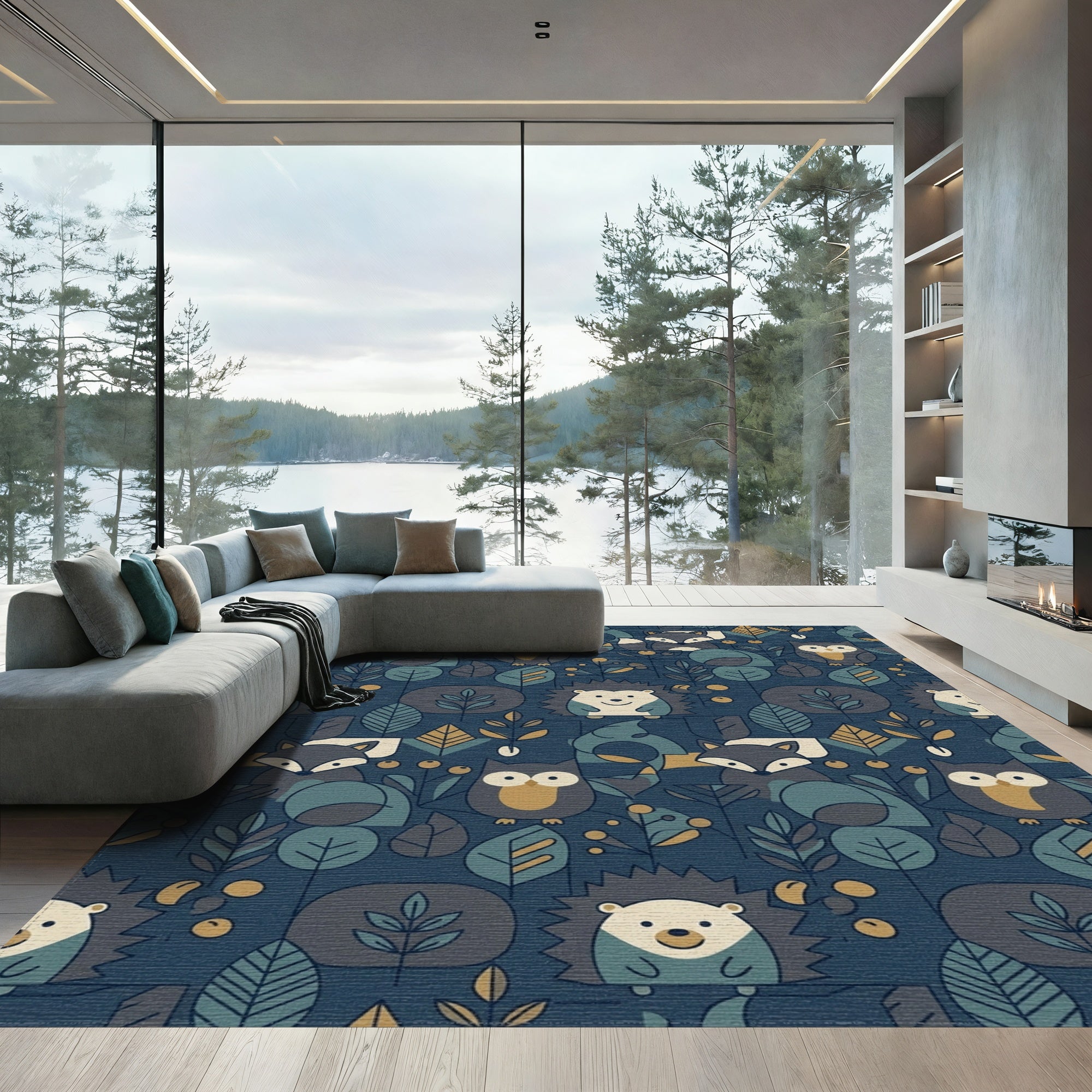 Woodland Creatures Navy Forest Scene Rug
