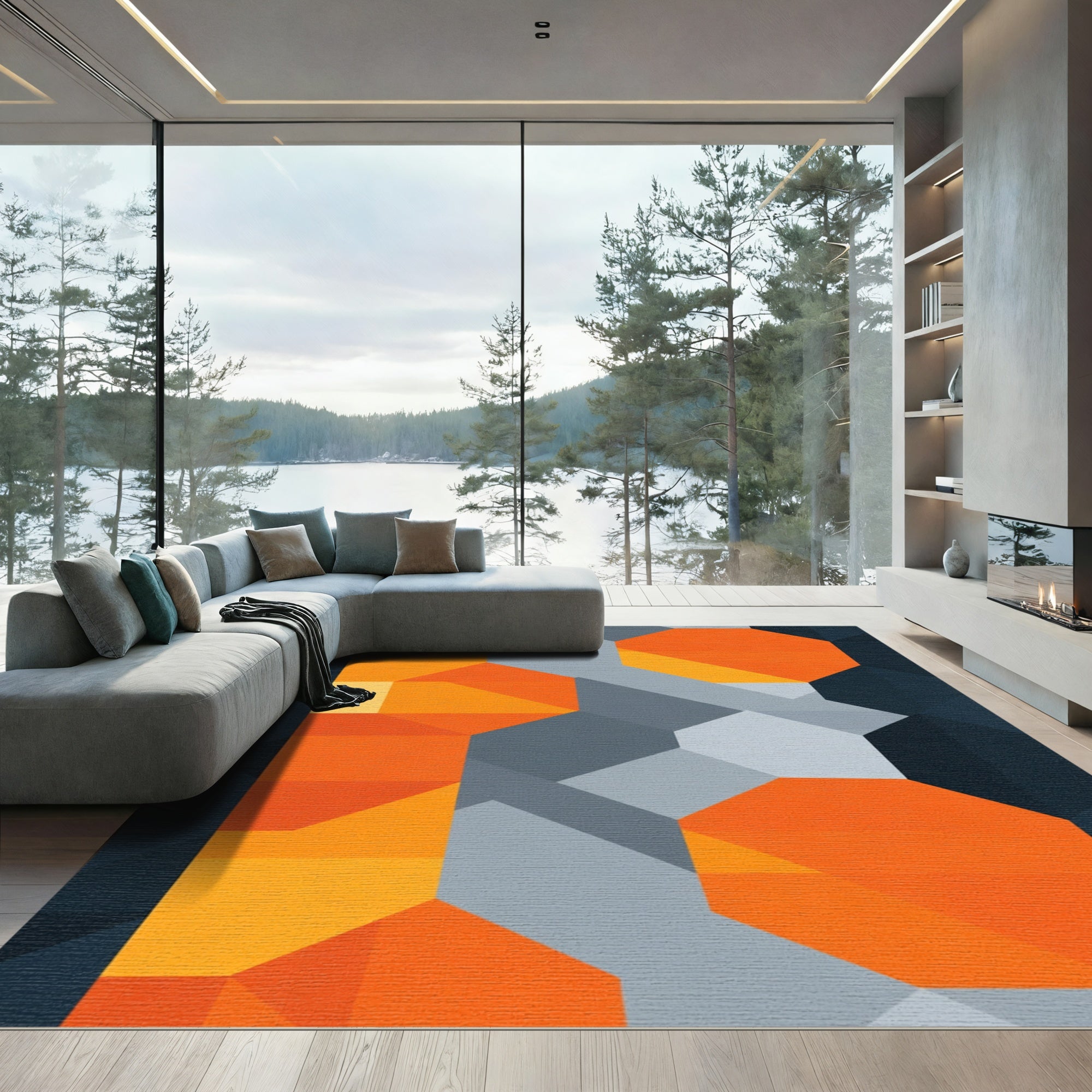 Modern Orange Gray Geometric Octagons Rug