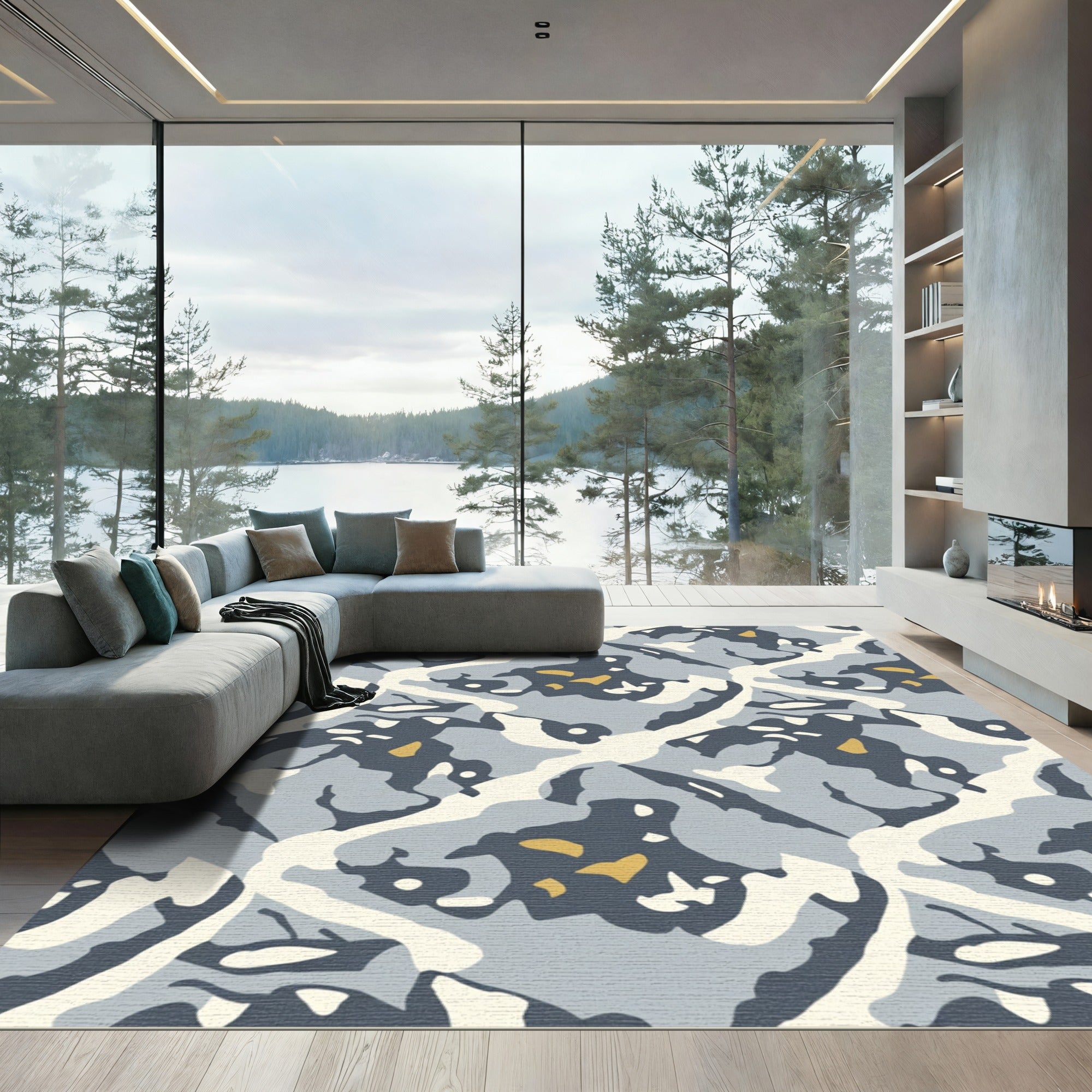 Abstract Organic Shapes Blue Ochre Rug