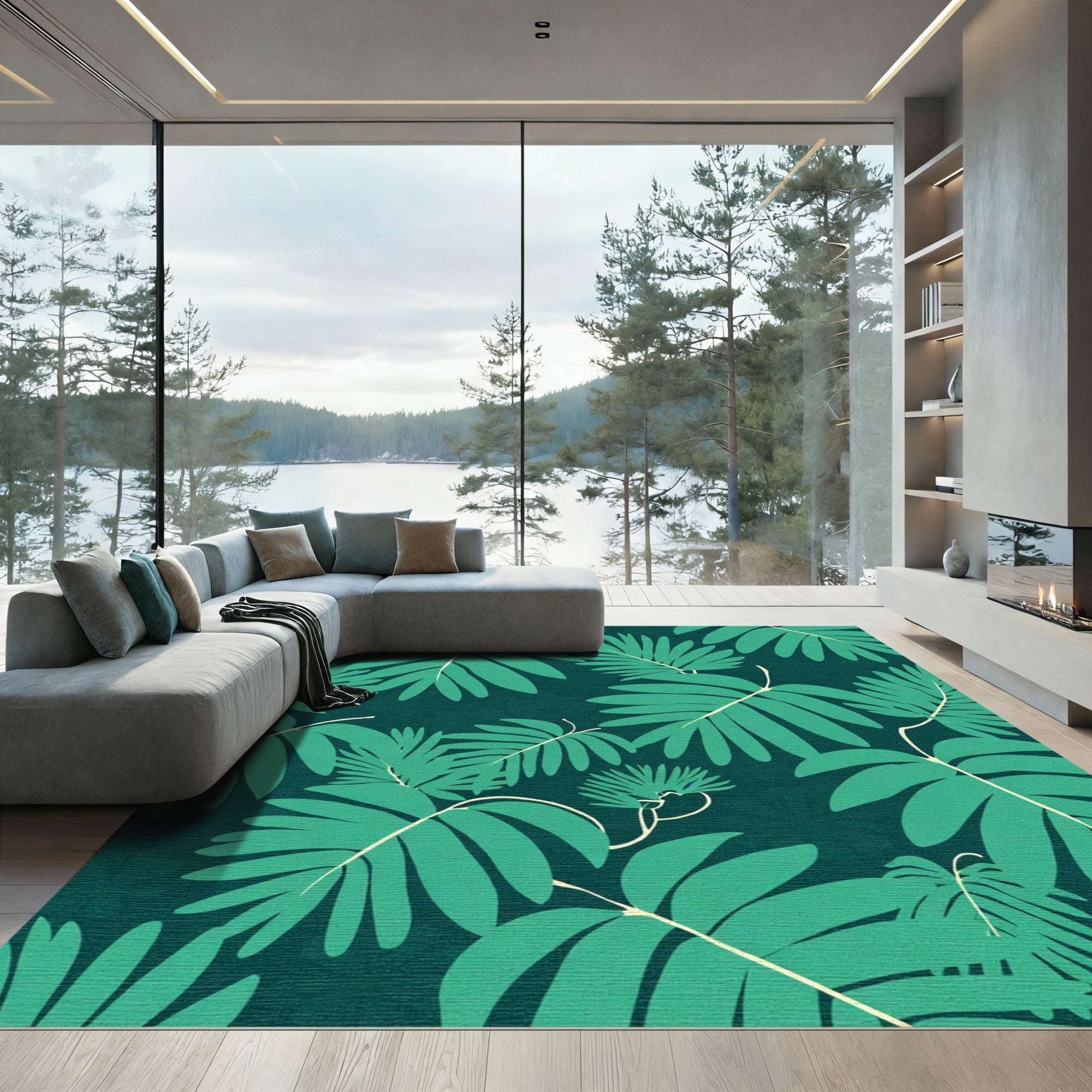 Teal Tropical Leafy Vines Rug