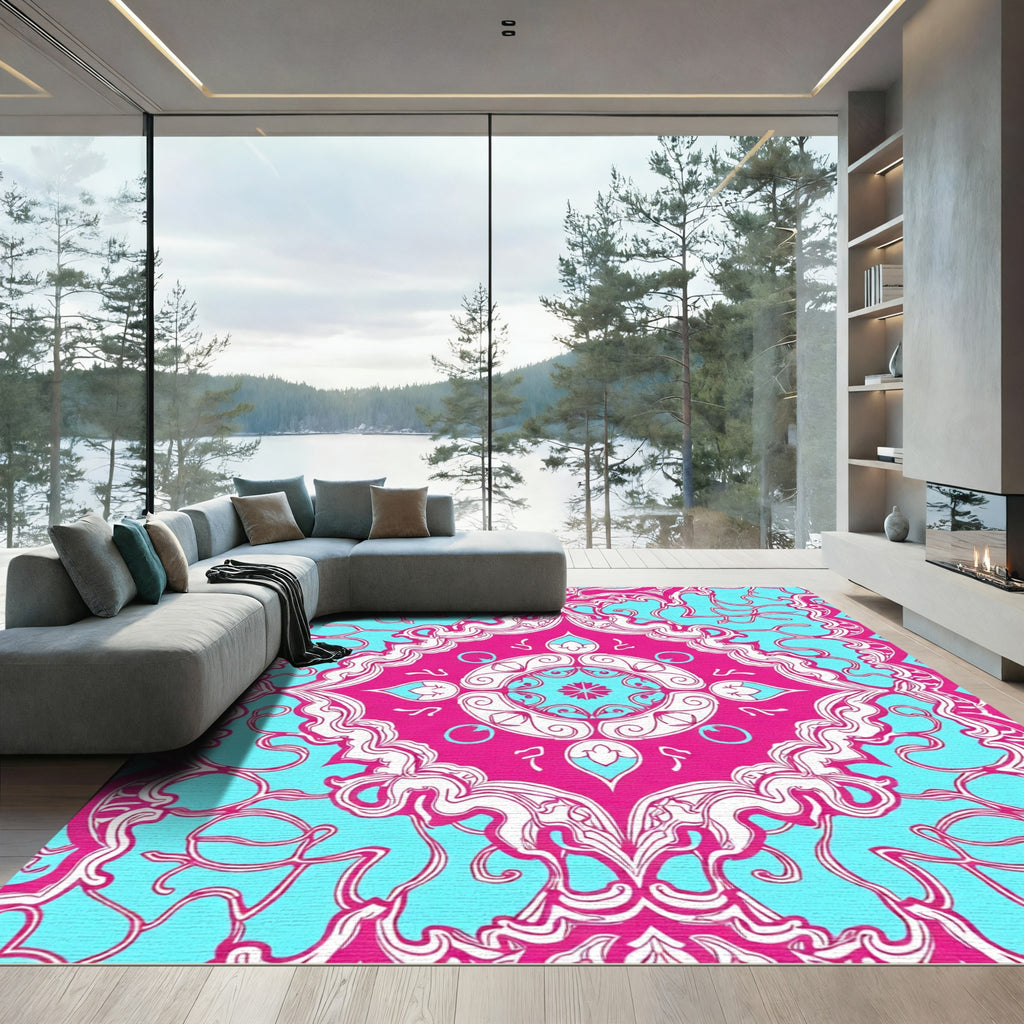 Fuchsia Teal Abstract Floral Medallion Rug