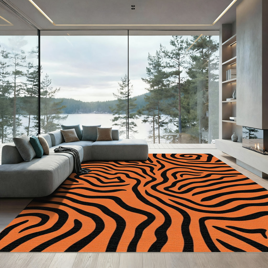 Bold Orange Black Stripe Wave Rug