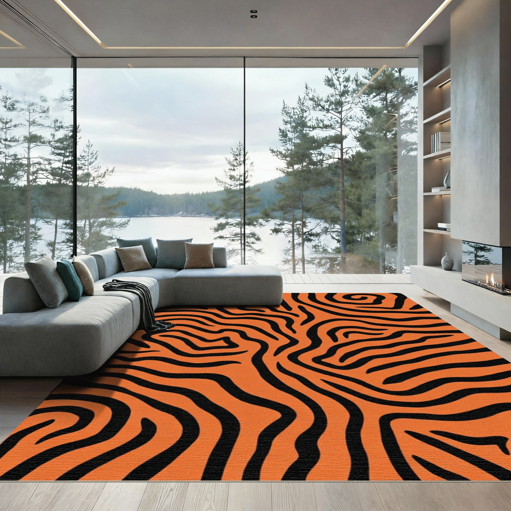Bold Orange Black Stripe Wave Rug