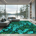 Teal Emerald Abstract Tropical Leaves Rug