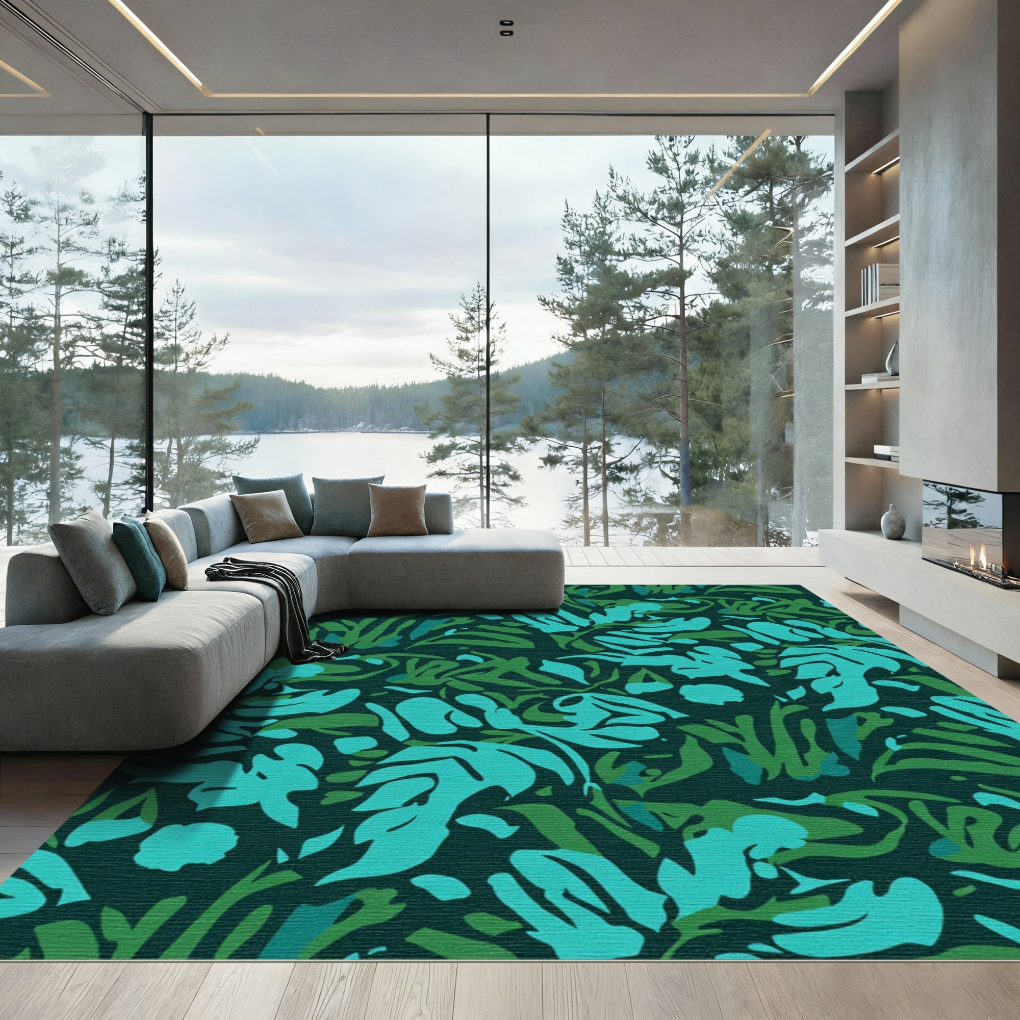 Teal Emerald Abstract Tropical Leaves Rug