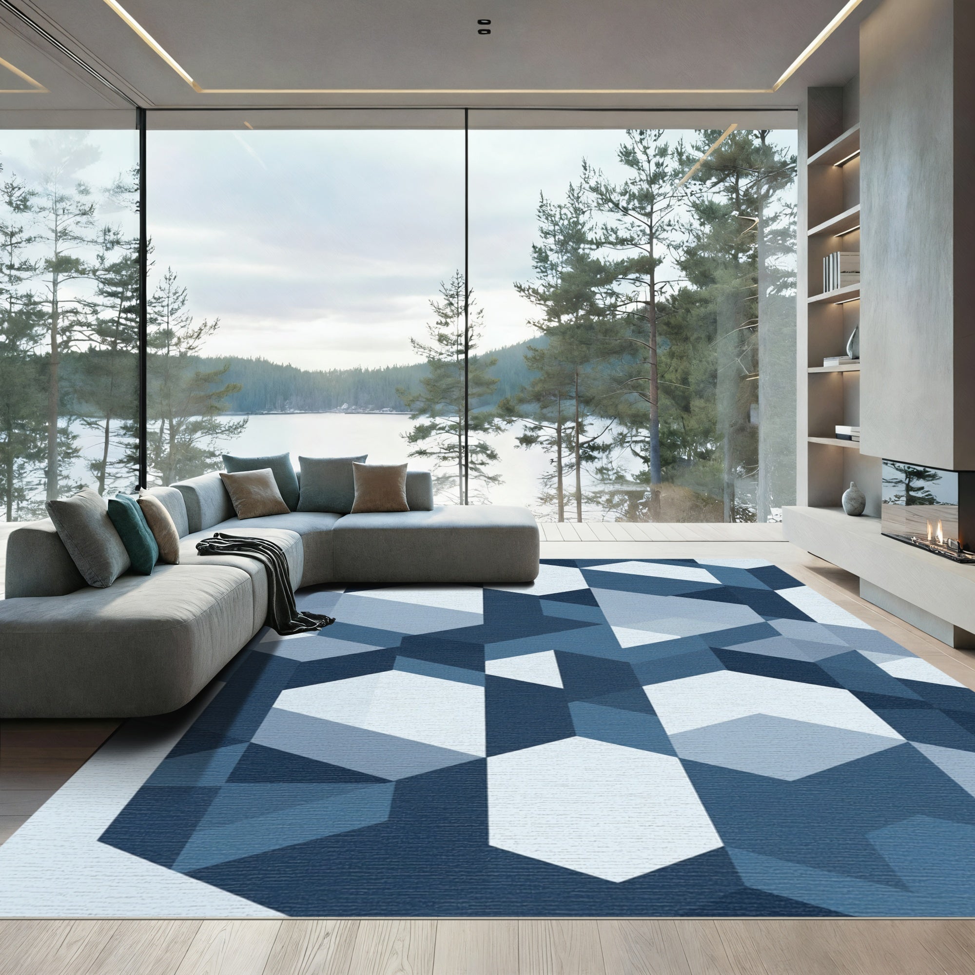 Azure Blue Geometric Cubist Rug