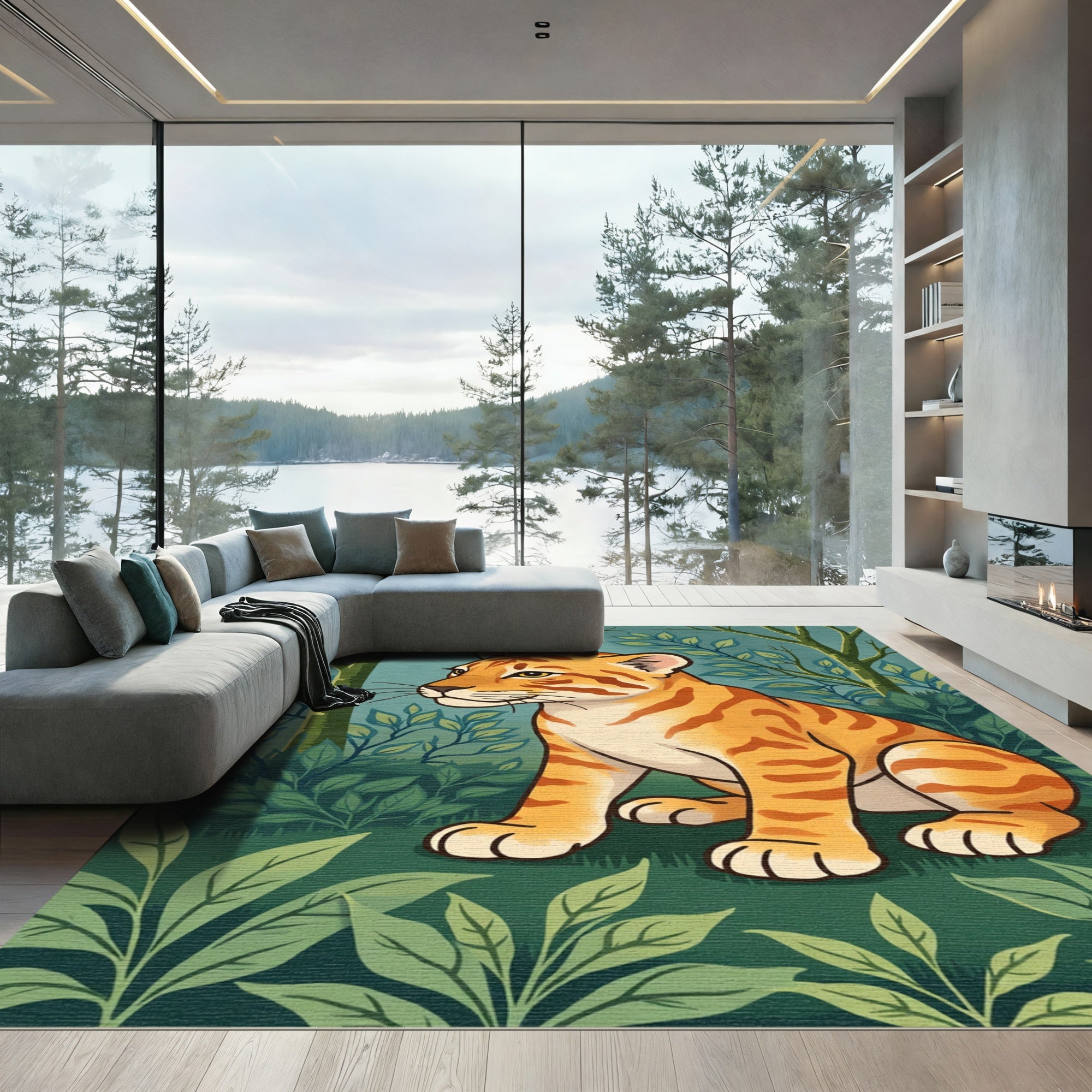Cute Tiger Cub Forest Scene Rug
