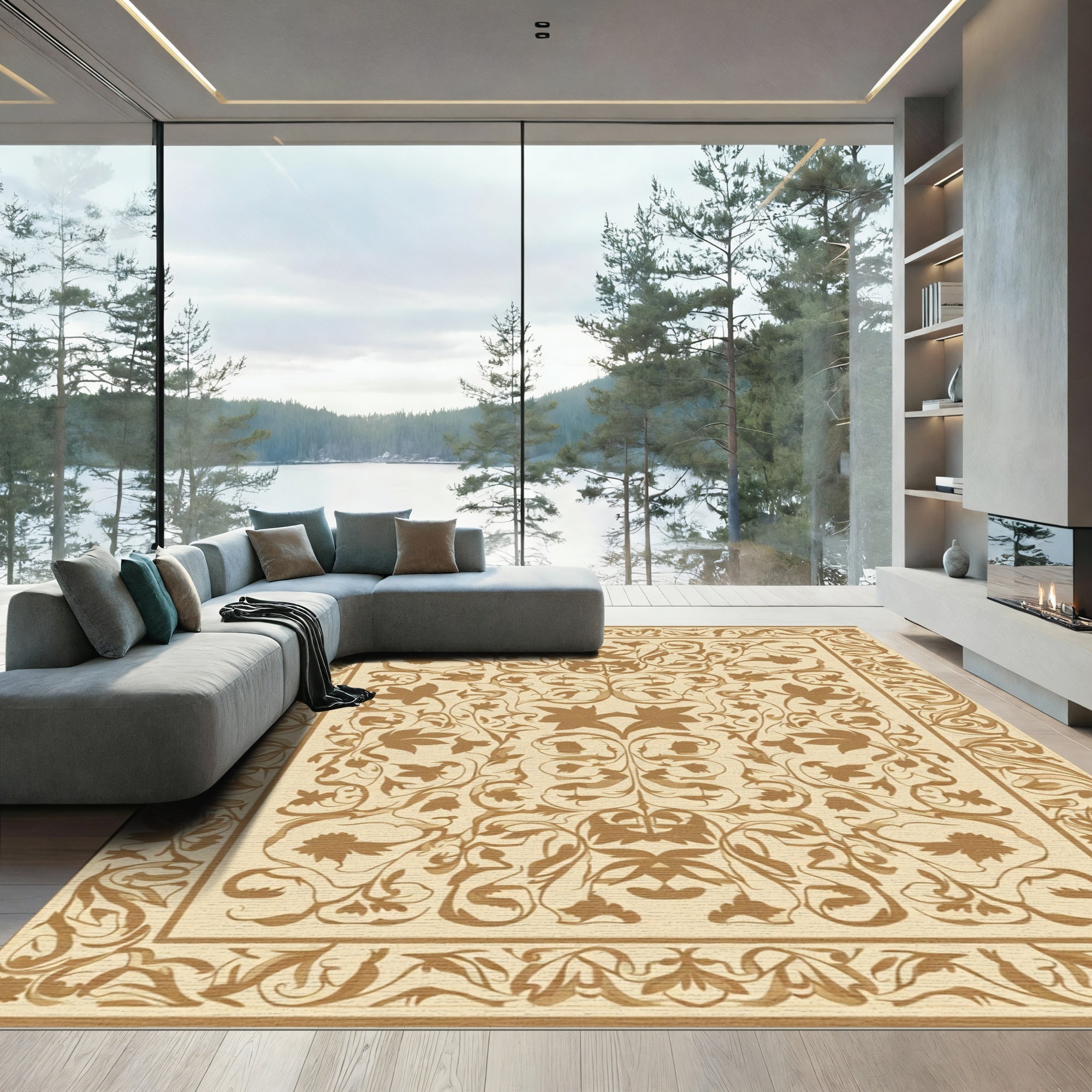 Antique Beige Floral Scroll Border Rug