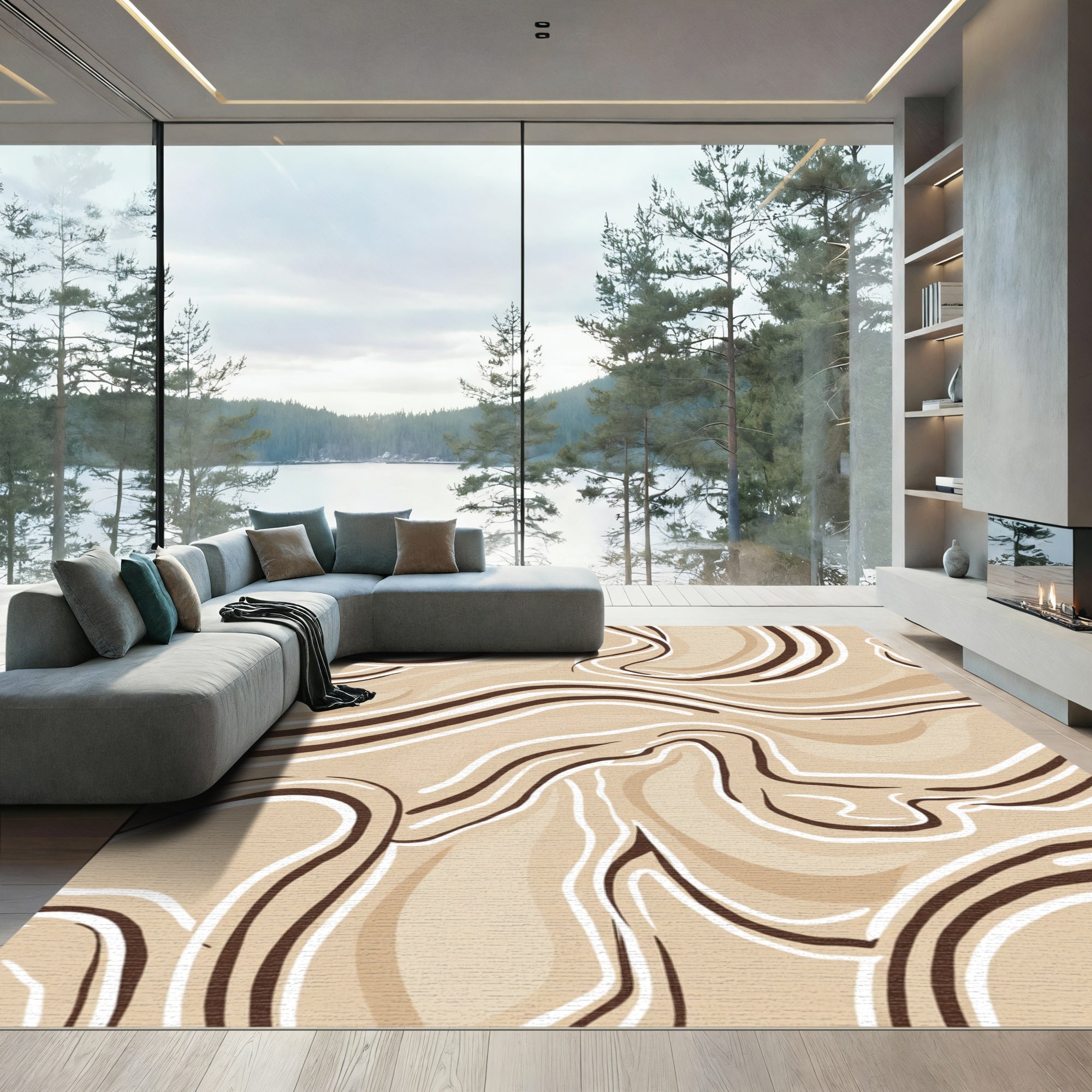 Neutral Swirl Lines Abstract Rug