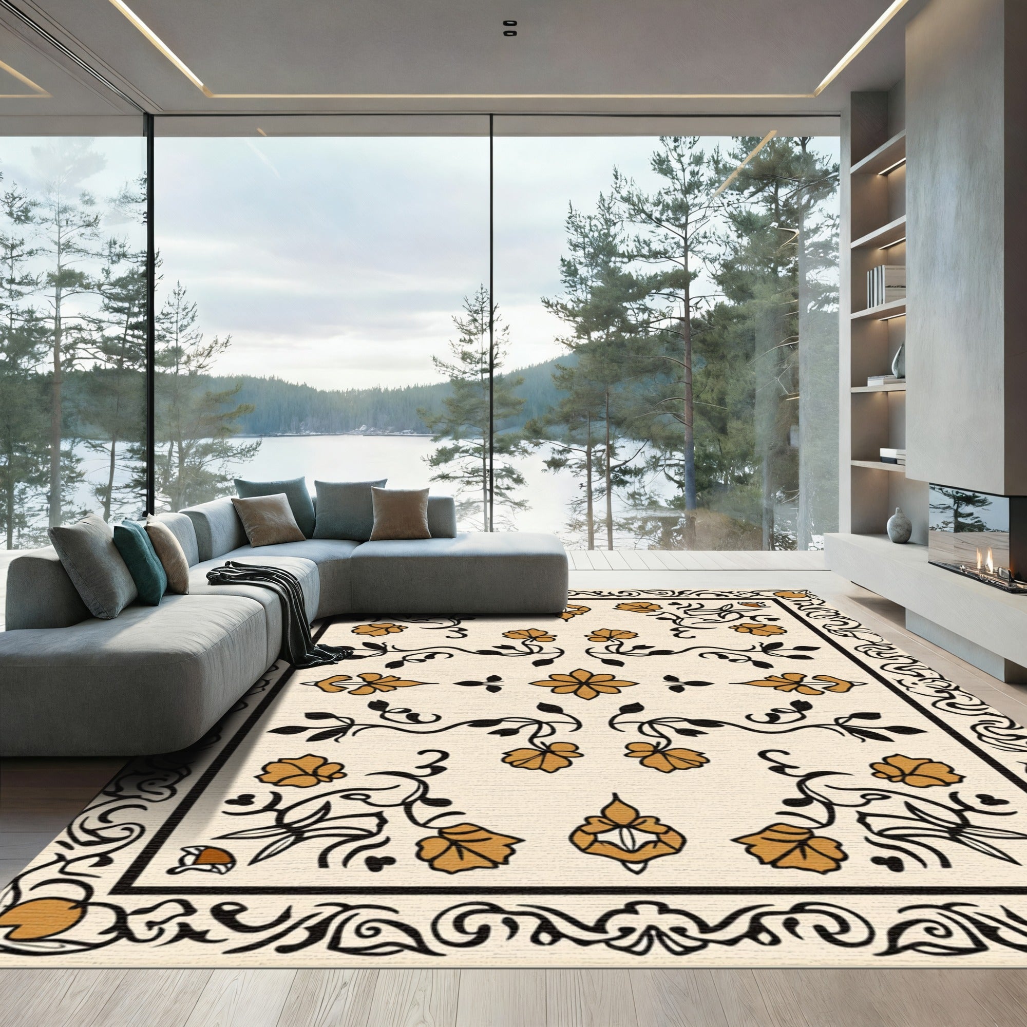 Ochre Floral Vines Bordered Rug