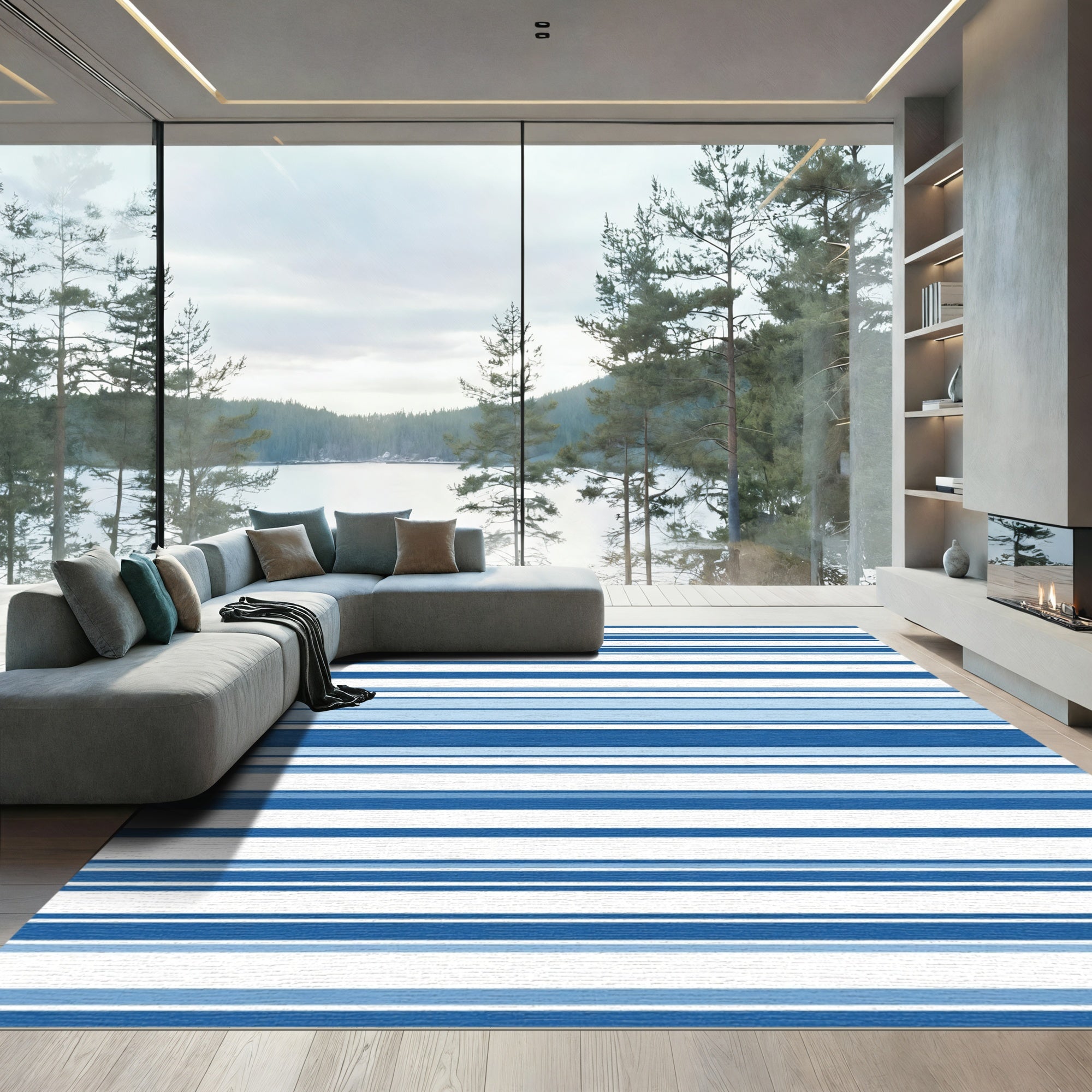 Marine Blue Horizontal Stripe Rug