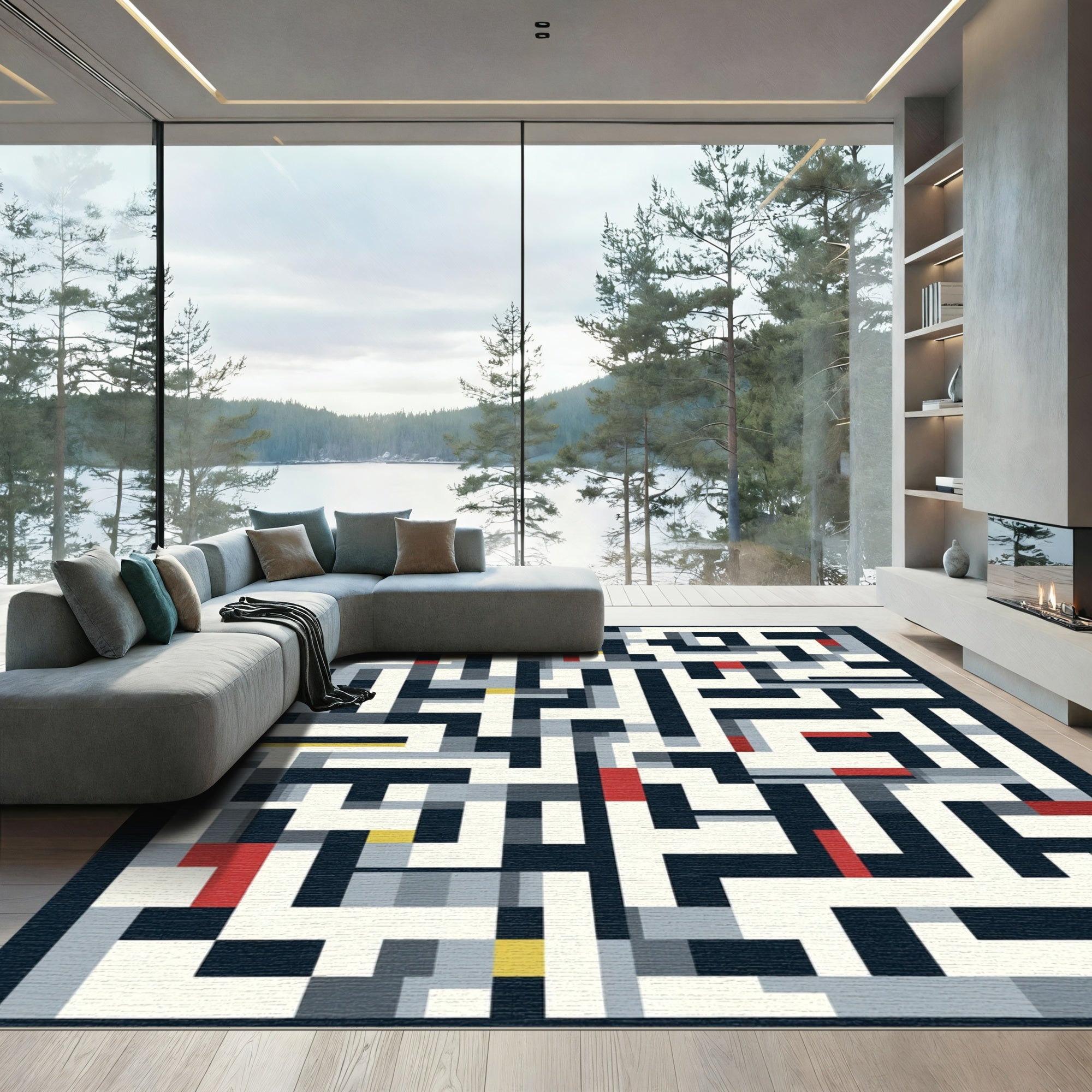 Modern Geometric Labyrinth Navy Cream Rug