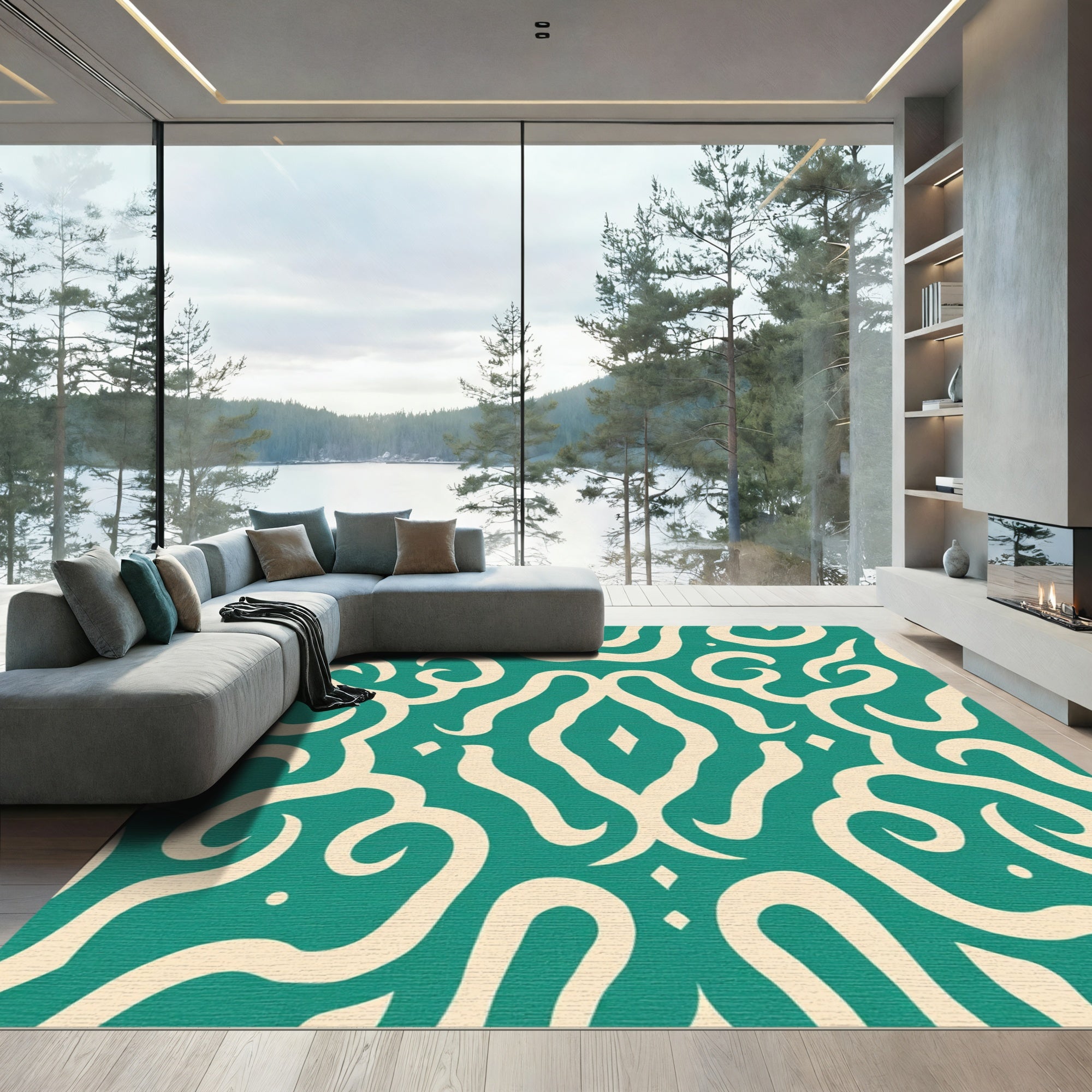 Teal and Cream Arabesque Swirl Rug