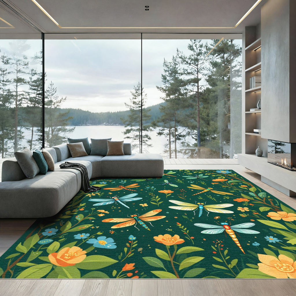 Whimsical Dragonfly Floral Garden Rug