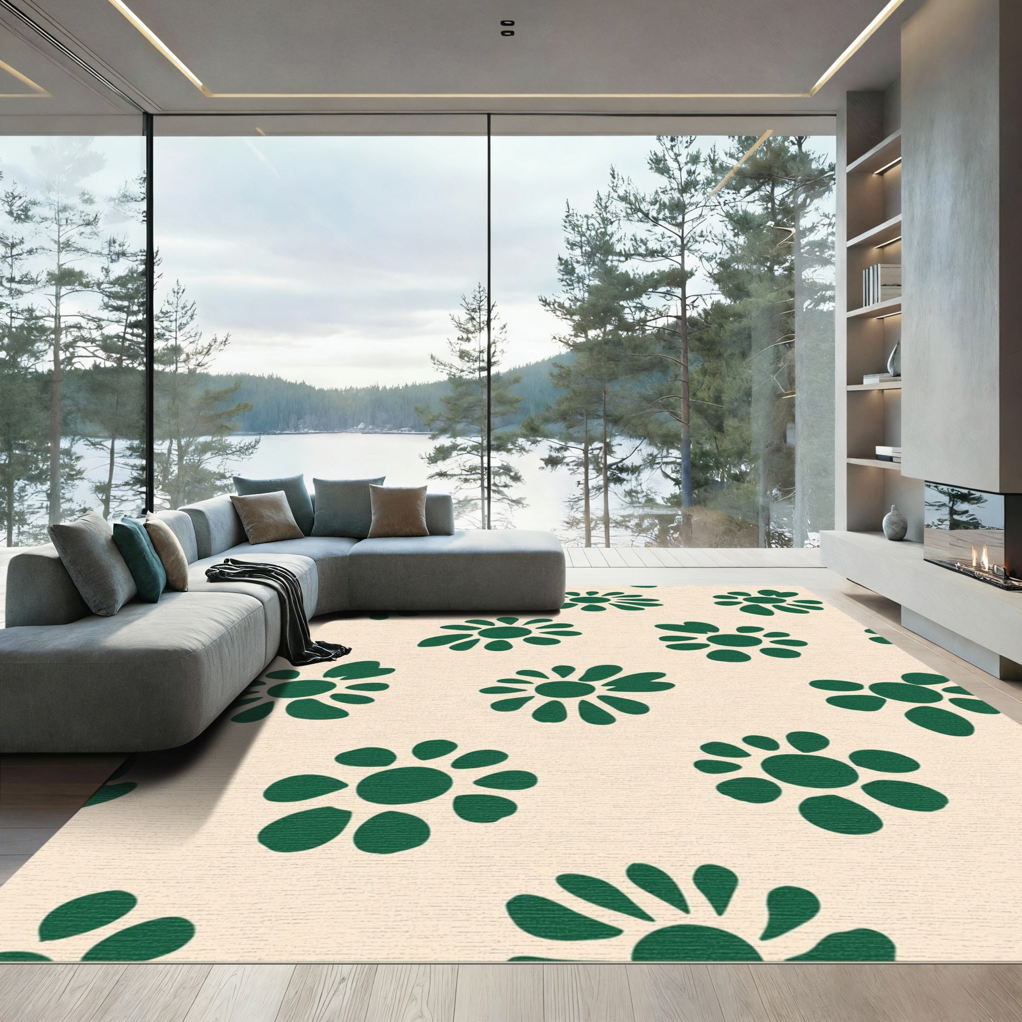 Forest Green Daisy Blooms Cream Rug