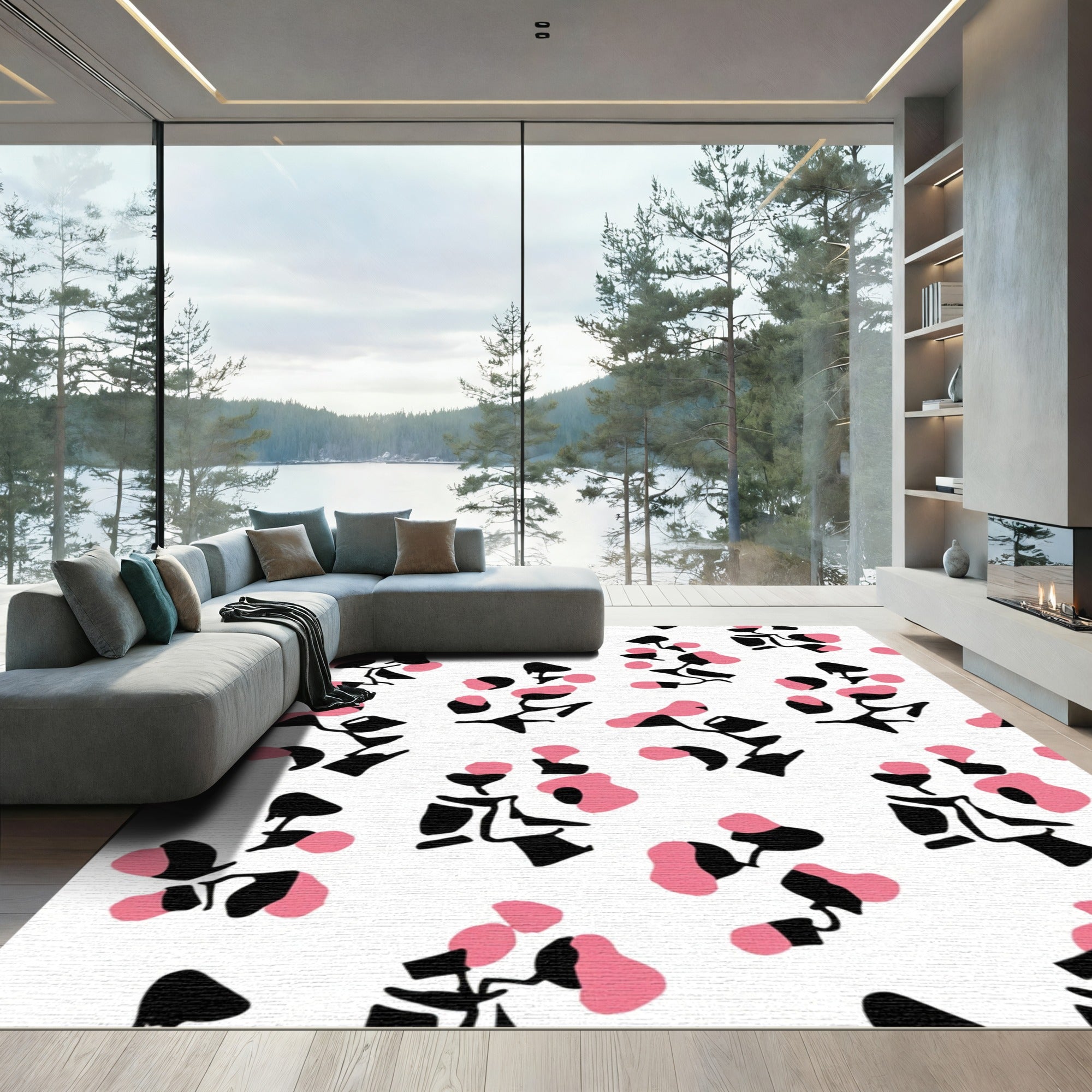 Pink Black Abstract Floral Sprig Rug