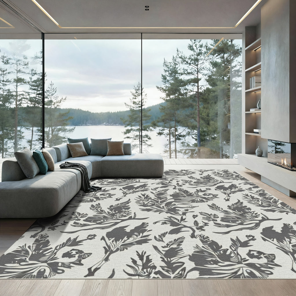 Drawn Dark Floral Branches Arrangement Rug