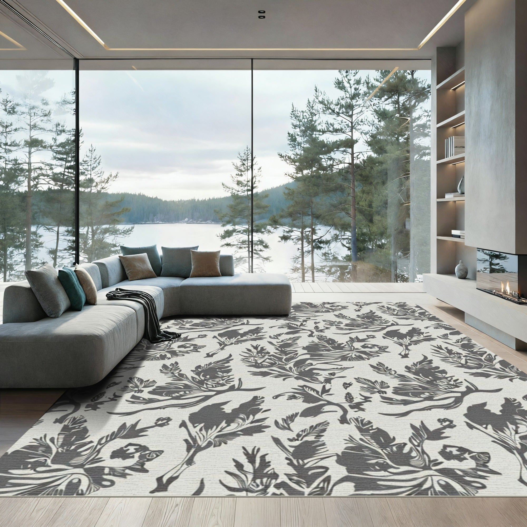 Drawn Dark Floral Branches Arrangement Rug