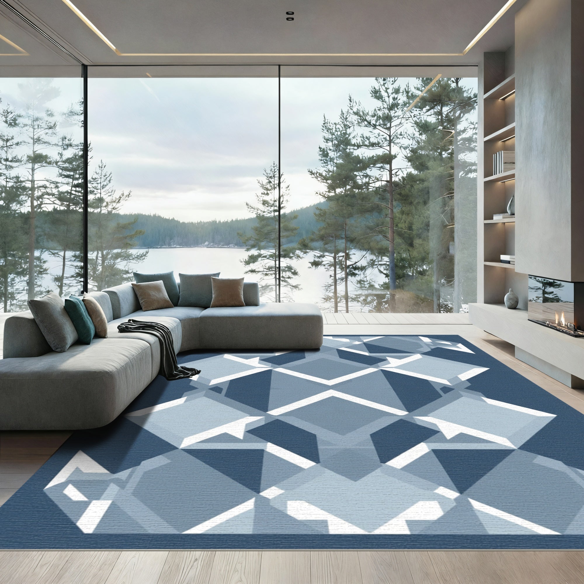 Blue White Geometric Dimensional Diamond Rug