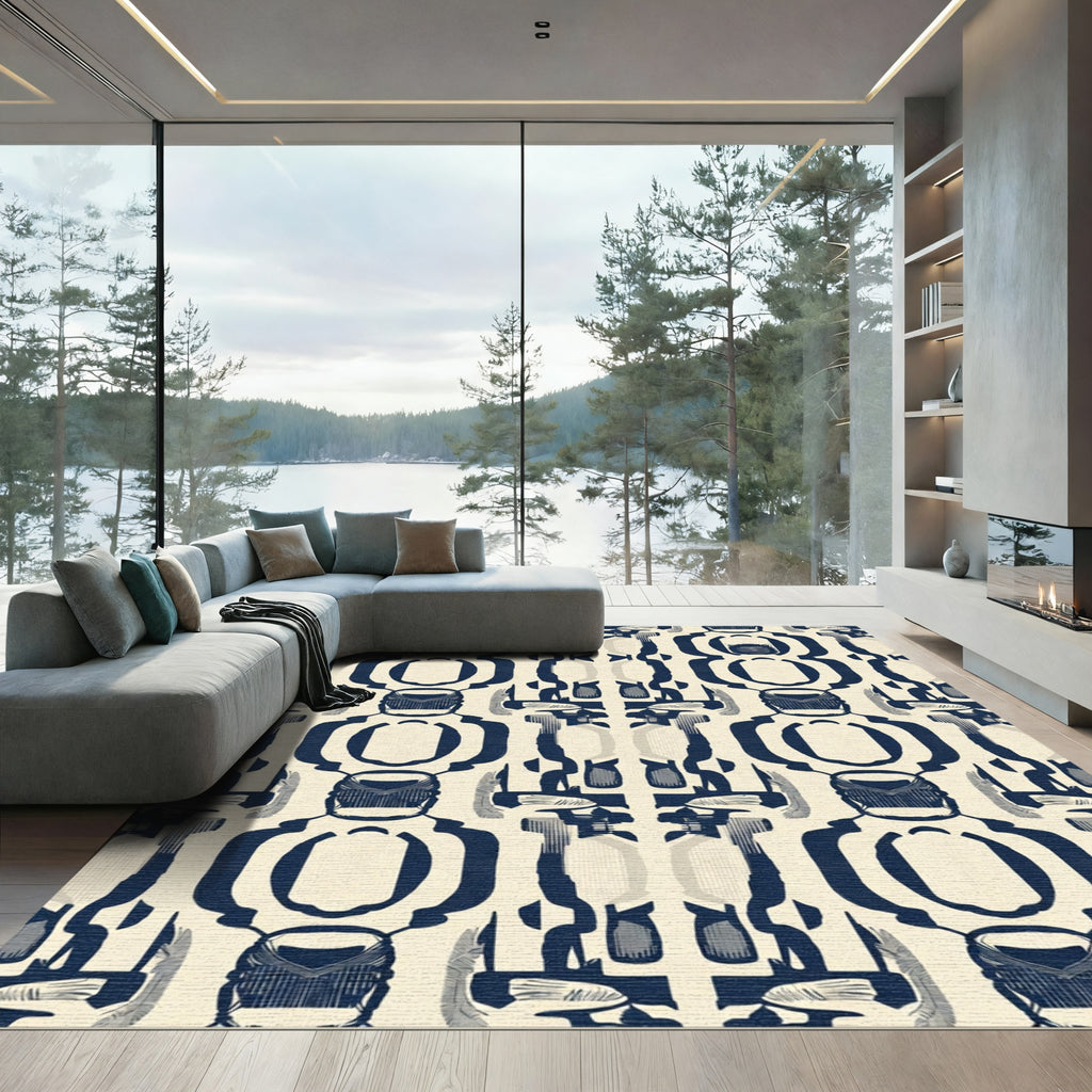 Dark Blue Abstract Organic Medallion Rug