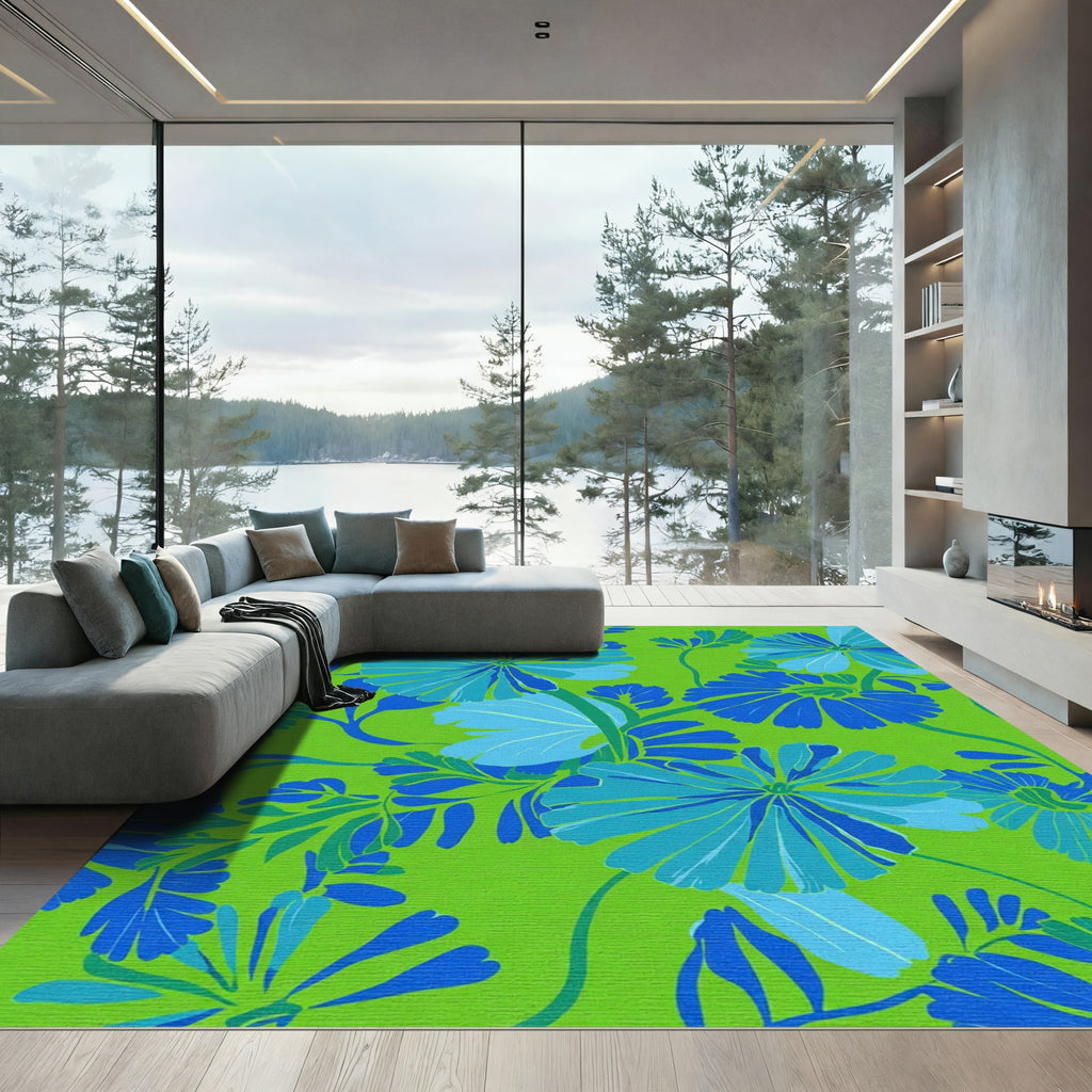 Retro Blue Green Floral Bloom Rug